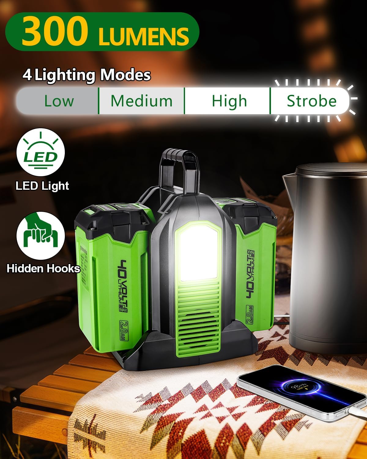 350W Power Inverter for Greenworks 40v Battery, 2-Ports DC 40V to AC 110-120V Pure Sine Wave Battery Inverter with 3 USB-A Port, 1 USB-C Port,300lm LED Light for Camping Travel Emergency(Tool Only)
