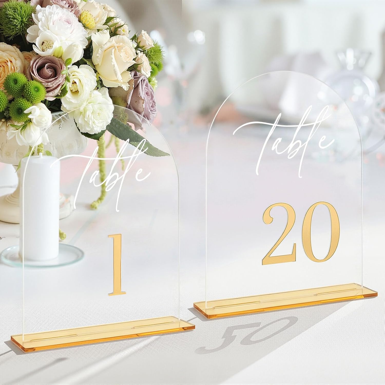 Wedding Table Numbers 1-10 with Stands 5.5 x 7” Gold Number Arched Clear Acrylic Table Numbers Signs for Wedding Reception, Anniversary, Event, Party(1-20)