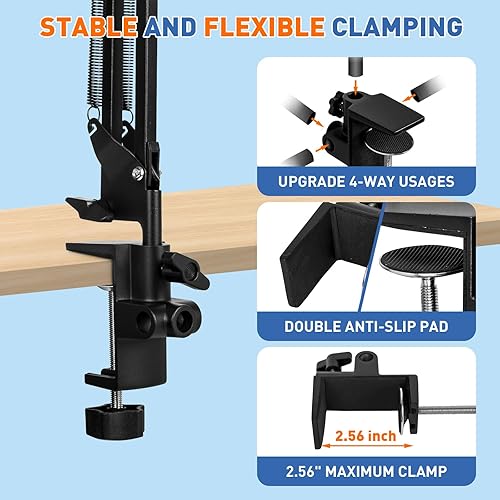 Miniatura 7 de HITTI Lupa cuadrada 12X con luz y abrazadera, lámpara de escritorio LED de brazo de 3 secciones ultra larga, 5 colores y atenuación continua,