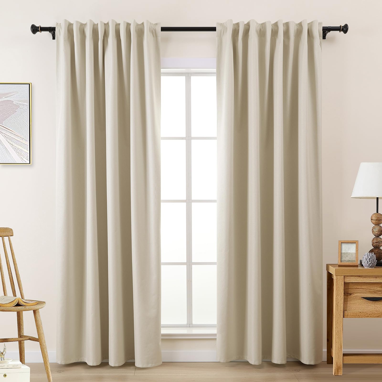 L.Z.E Vorhänge Verdunkelung Beige, Creme Abdunkelnde Gardinen Vorhang mit Kräuselband, Lichtundurchlässige Gardinenschal für Schlafzimmer und Wohnzimmer, 245 cm Lang, Schiene Schienensystem Geeignet