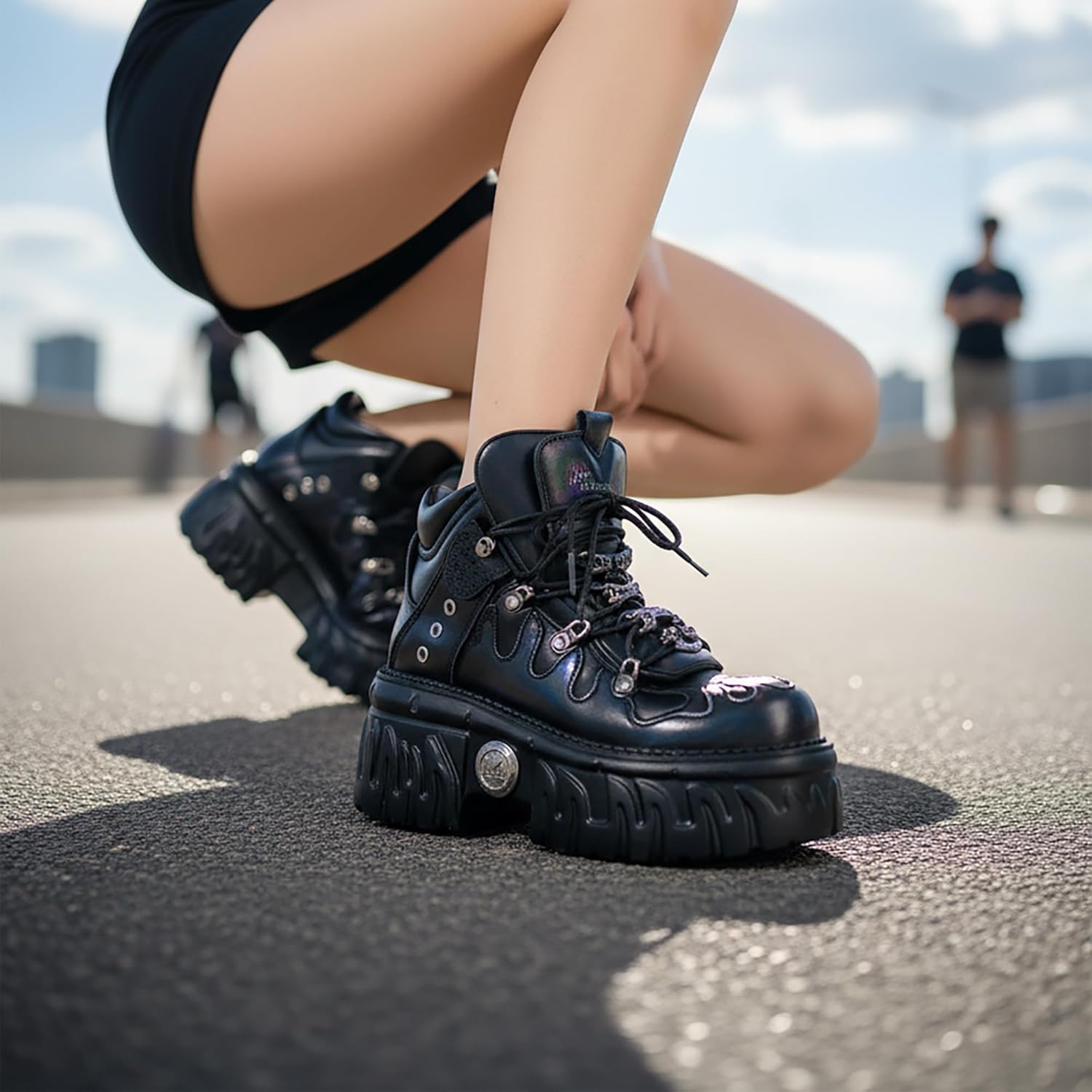 KUTAO] 厚底プラットフォームブーツ ゴシック パンク ソール メンズ レディース 男女兼用 炎エンボス メタルパーツ レース [KUTAO] 厚底プラットフォームブーツ ゴシック パンク ソール メンズ レディース 男女兼用 炎エンボス メタルパーツ レース