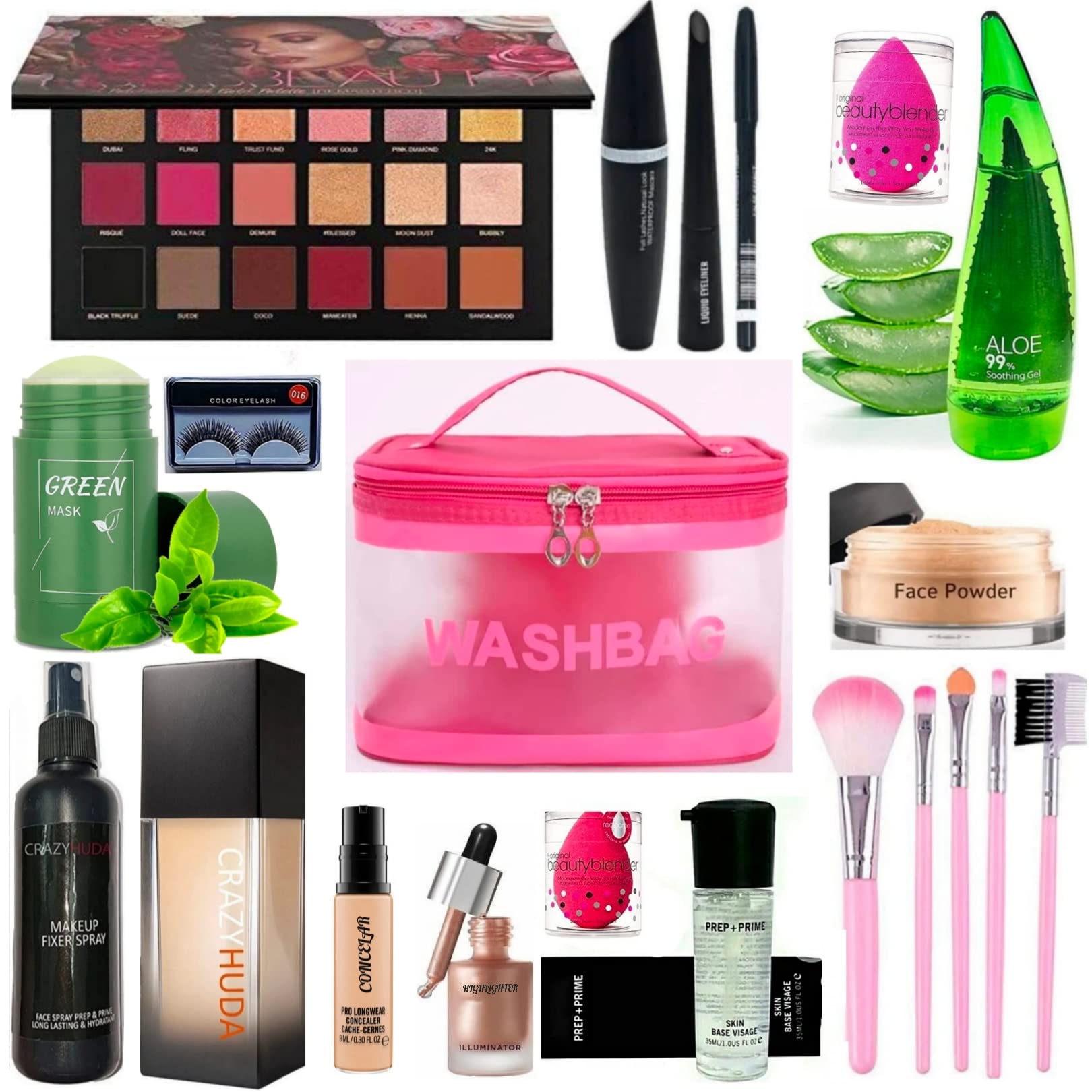 CRAZY HUDA Professional Waterproof Longlasting Rose Gold Eyeshadow, Color Eyelash, Face Powder, Brush Set, Concealer, Highlighter, Green Mask, Wash Bag, 2 Blender, Makeup Fixer Spray, Foundation, Prep- Prime, Aloe Soothing Gel, 3in1( Mascara, Liquid Eyeliner, Eyebrow Pencil) (Combo Pack of 15)