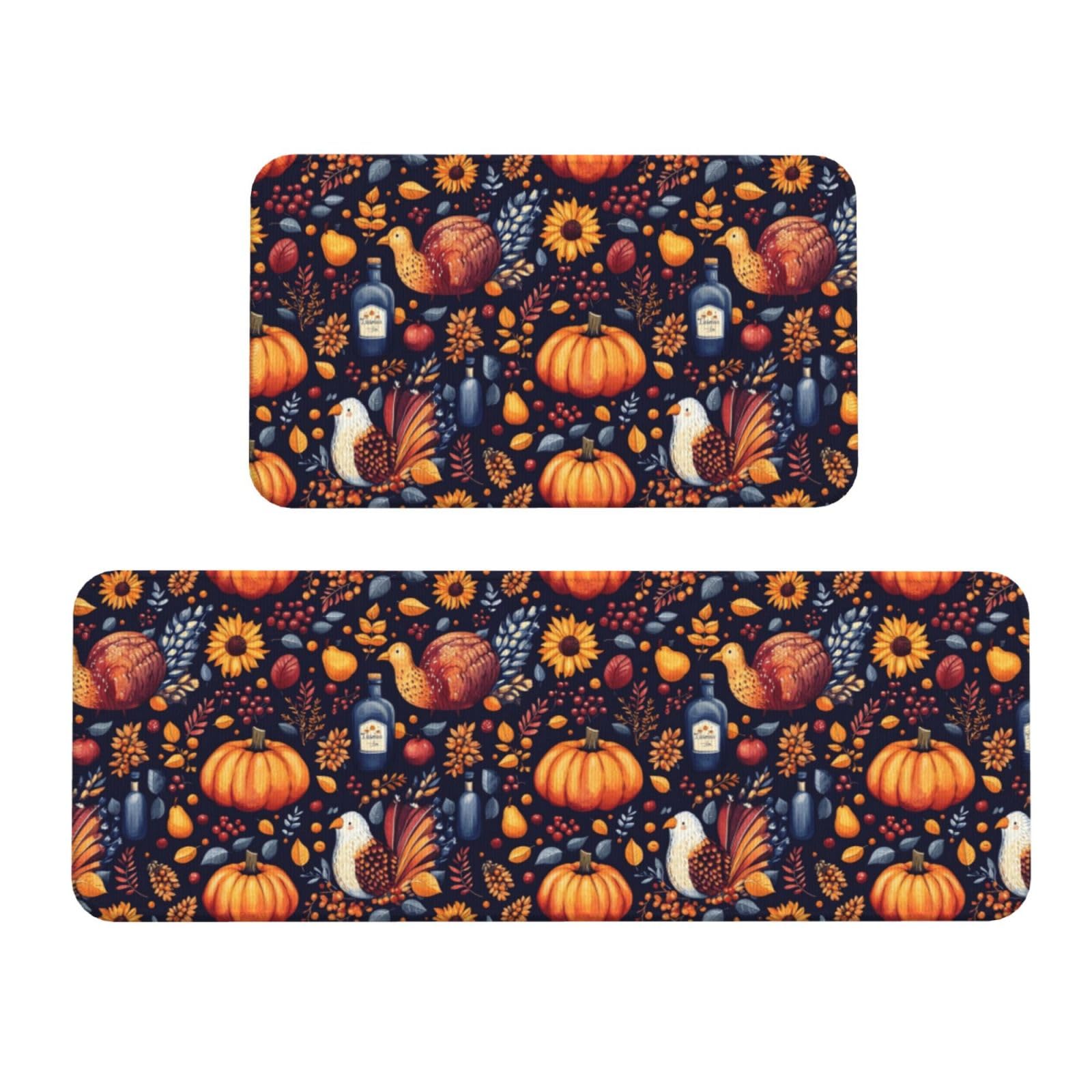 GVYGVY Antifatigue Kitchen Mats for Floor 2 Piece - Turkey and Pumpkin Print Kitchen Rugs Washable, Non Slip Runner Rug Standing Mat for Office/Bathroom/Laundry/Home Decor and Accessories