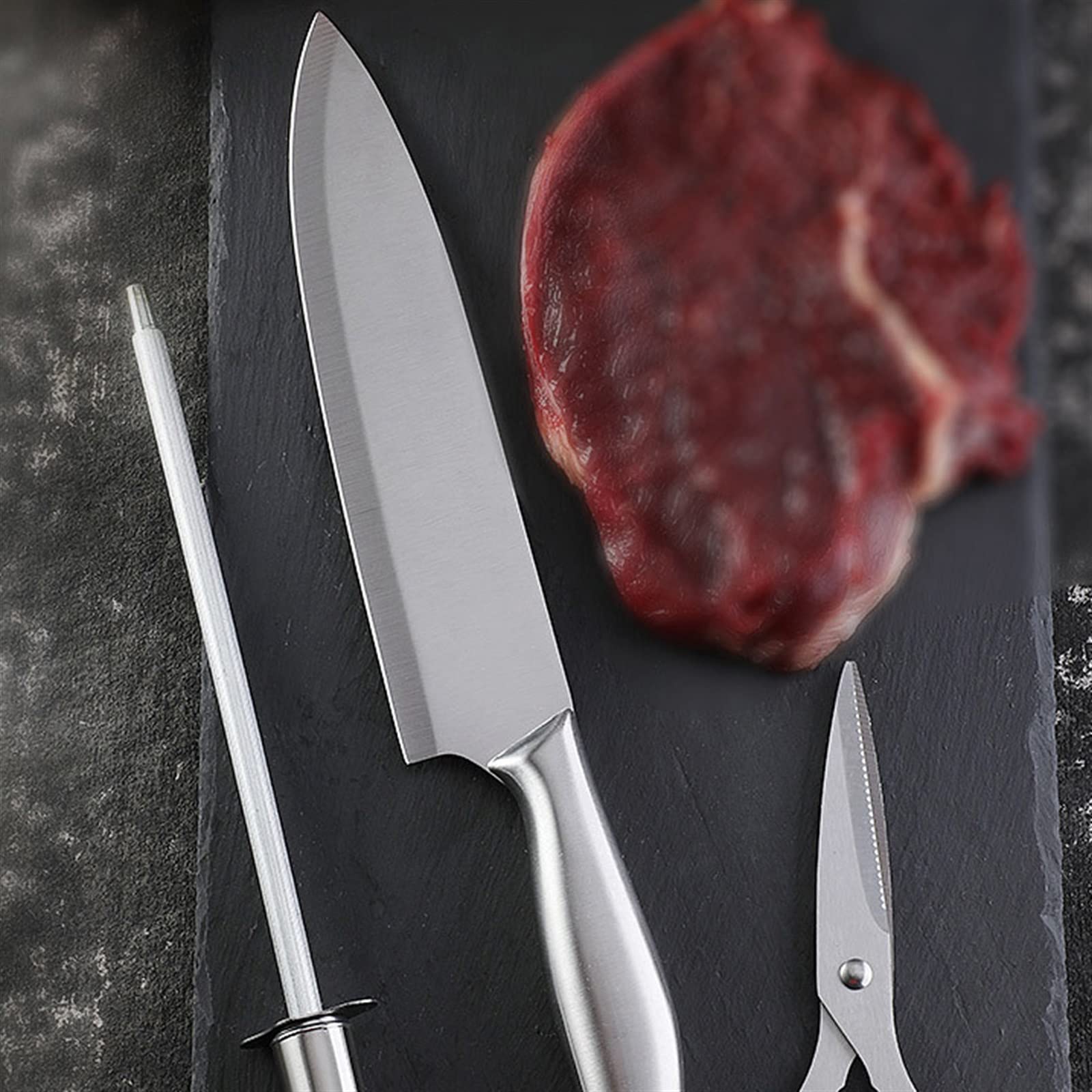 6pcs Cleaver Cleaver Sets de Acero Inoxidable Afilamiento de la Varilla Ginder Kit de Corte de Cortador de Chopper con Bloque de Madera sólida