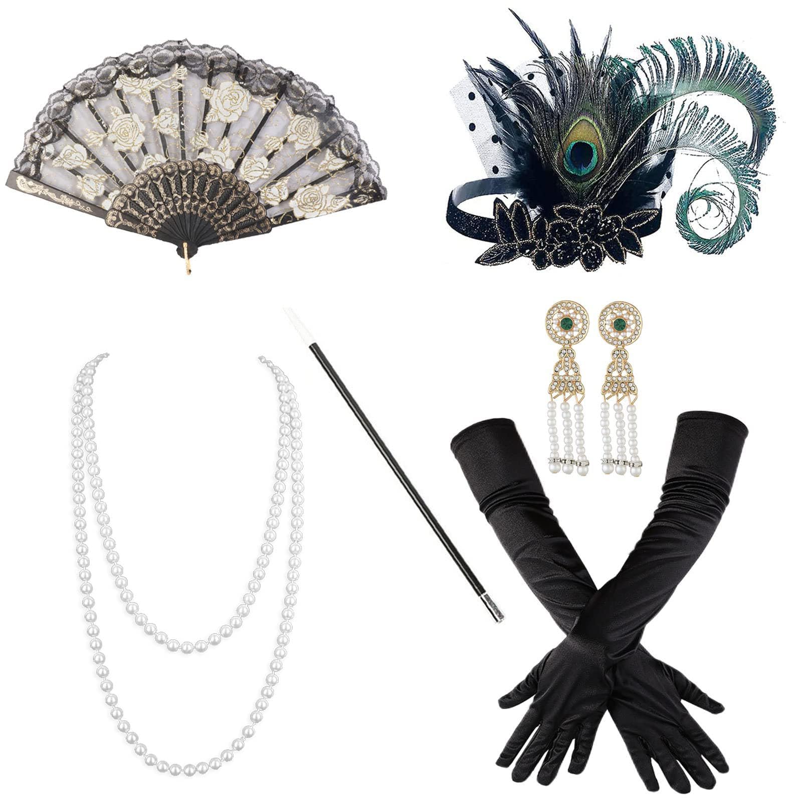 1920 Flapper Feather Headband Roaring 20s Great Gatsby Headpiece Hair Accessories for Women, Flapper Headband Pearl Necklace Gloves Lace Fan Holder