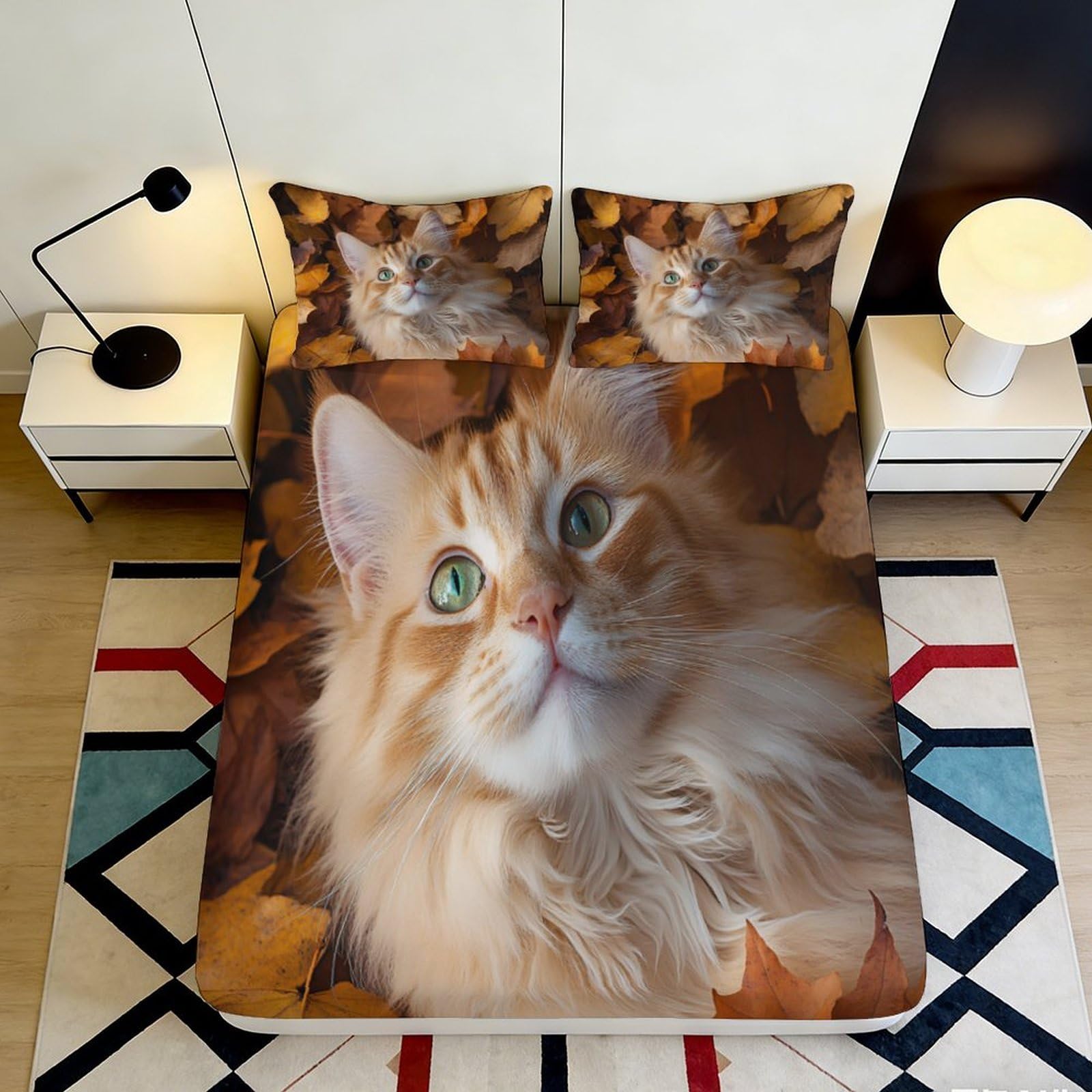 3D Printed Ginger Cat Autumn Leaves Fitted Sheet Microfiber Soft Anti-Slip Bed Cover for Bedroom Teen Dorm Decor 90x200x25cm