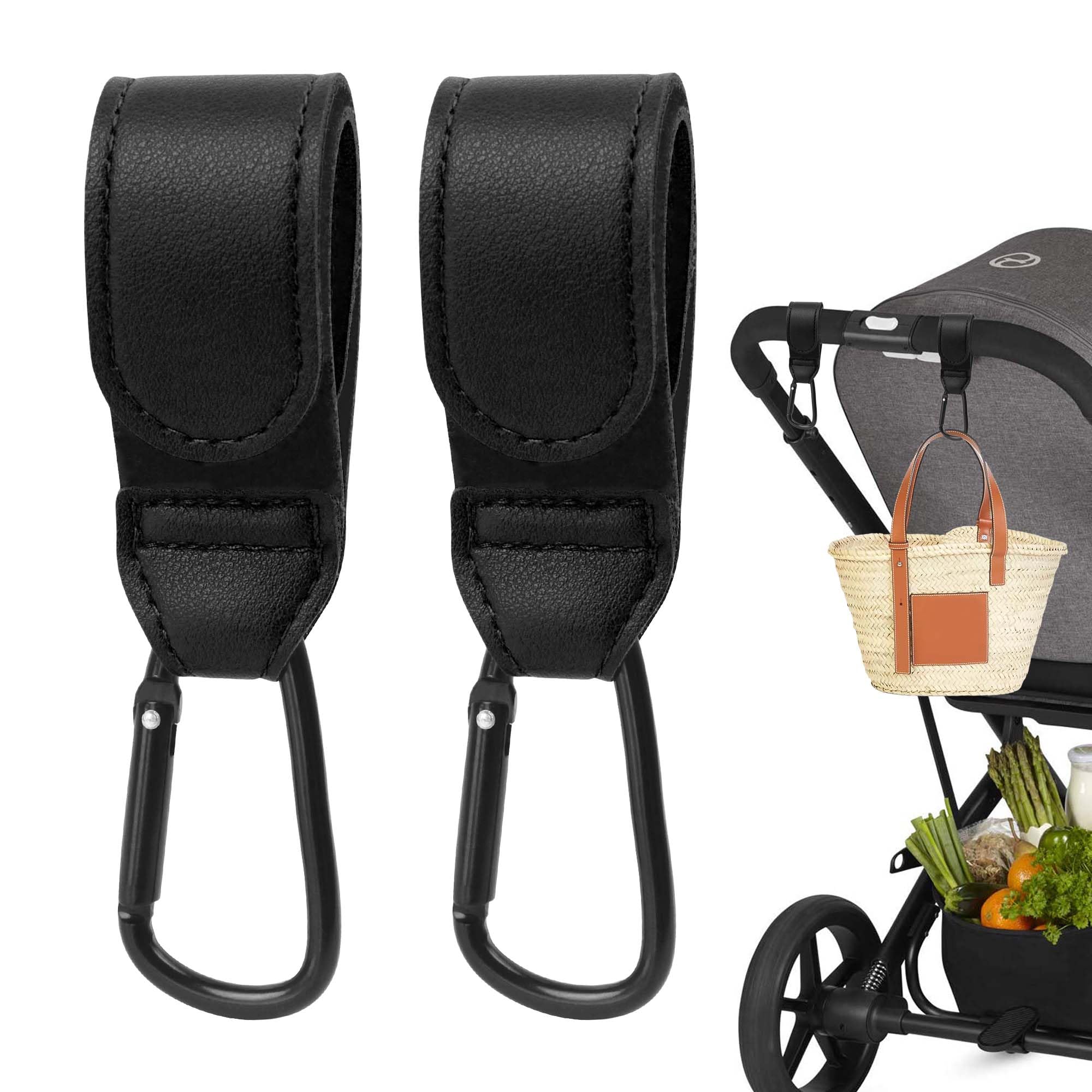 2 Pezzi Ganci per Passeggino, Moschettoni per Carrozzina Universali in Pelle, Accessori Passeggino per Porta Borse Della Spesa, Cambio Bambino, Zaini, Mamma Pannolino Borsa (Nero)