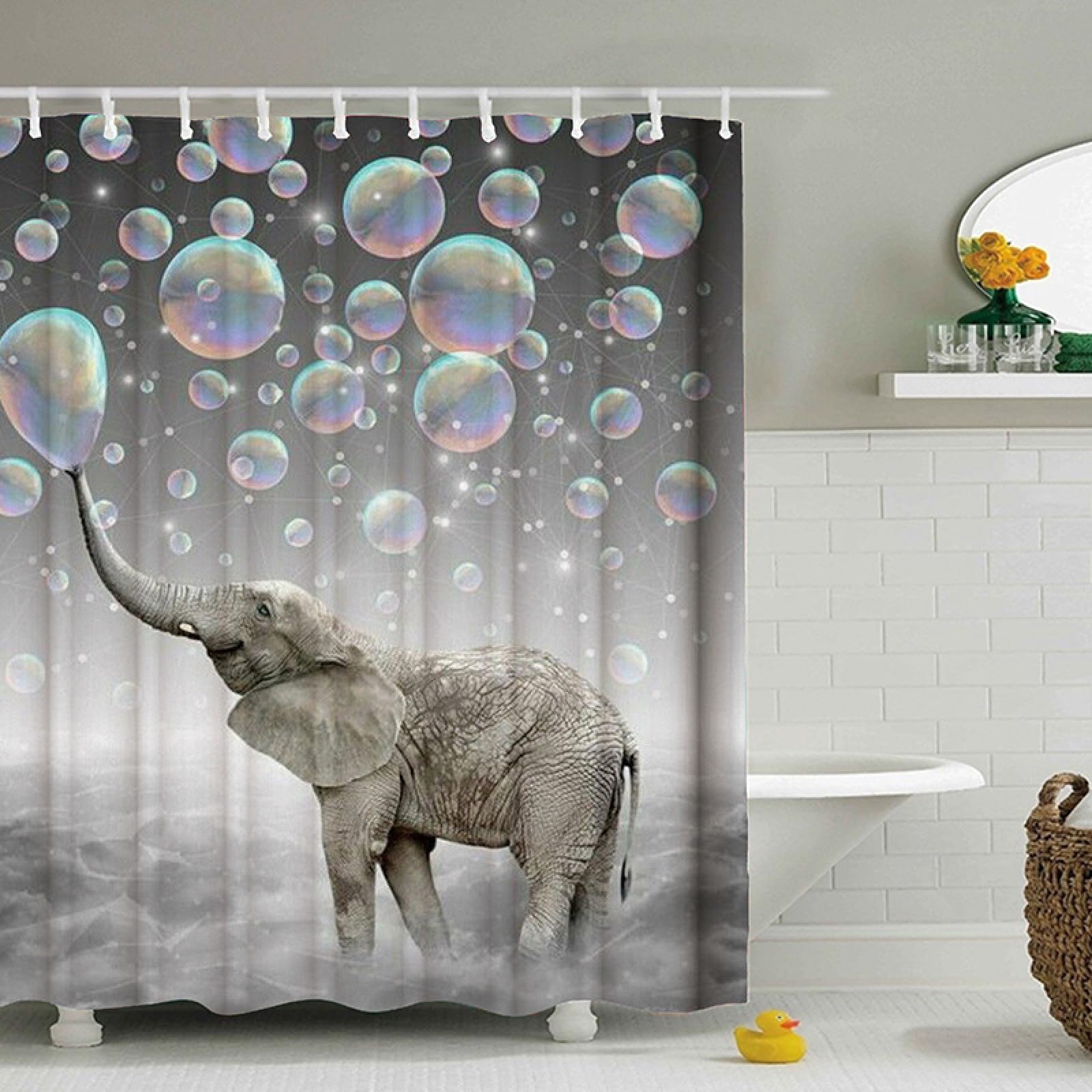 Rideau douche 200X240 éléphant gris pour baignoire familiale propre