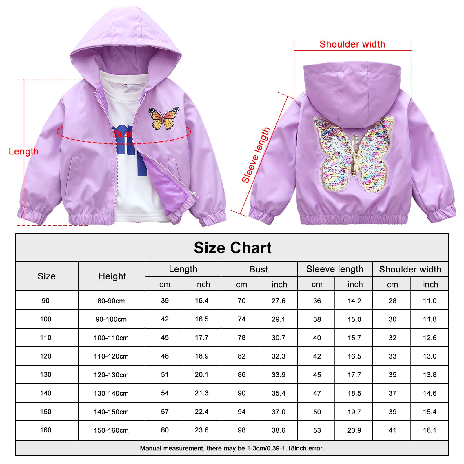 Manteau Fille Veste à Capuche Enfant Blouson Extérieure Trenchcoat avec Motif Papillon Printemps Automne