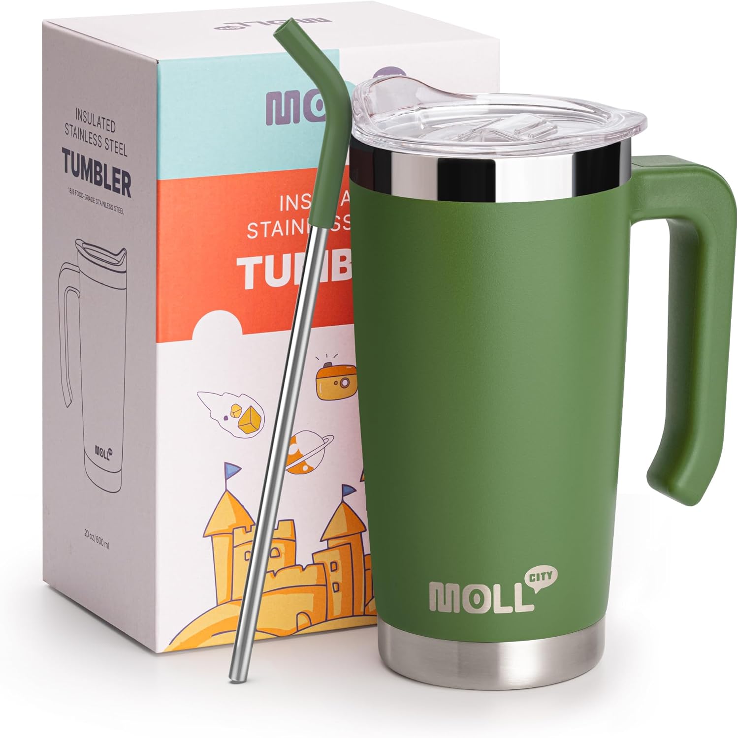 Mollcity Travel Coffee Mug with Handle-20 oz Stainless Steel Double Wall Vacuum Insulated Tumbler with Straw and Leakproof Seal Slide Lid Reusable Metal Cups with Silicone Pad (Grass Green)