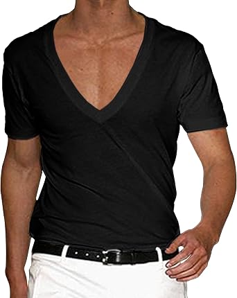 Mens V-Neck T-Shirt Fitness Top Muscle Fitted Gym Workout Short Sleeve Athletic Bodybuilding Casual Tee Shirt