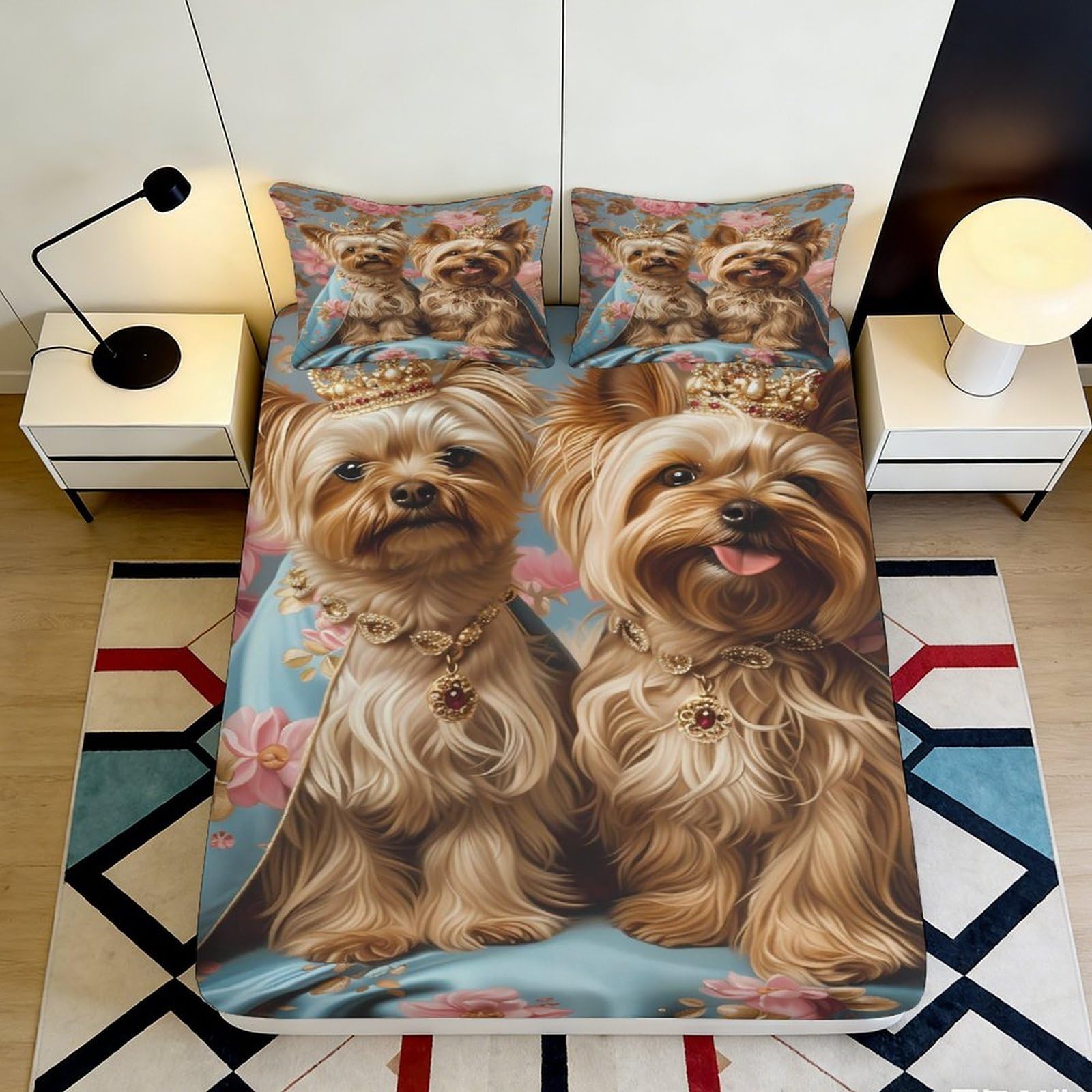3D Printed Yorkshire Terrier Dog Fitted Sheet Microfiber Floral Bed Cover for Bedroom Guest Room Mattress Protection Decor 120x200x25cm