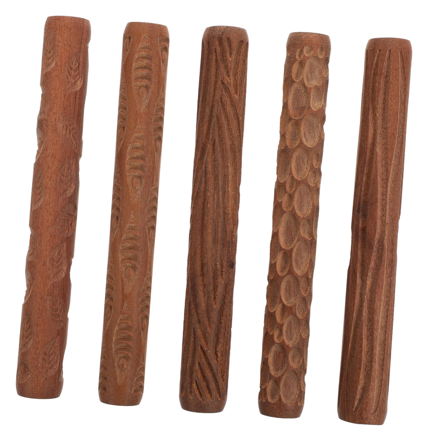 Kit 5 Rulli per Modellare Argilla in Legno Motivi Stampati, Utensili Artigianali per Ceramica Fai da Te, Impugnatura Comoda e Riutilizzabile, per Lavorazione Argilla e Creazioni Artistiche