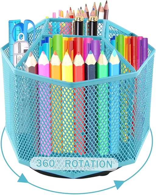 La Desire Rotating Pencil Holder, 360 Degree Rotate Desk Mesh Pen Holder, Desk Organizer with 5 Compartments Pen Caddy Holders, Spinning Stationary Storage Organizer Sorter Pencil Pot