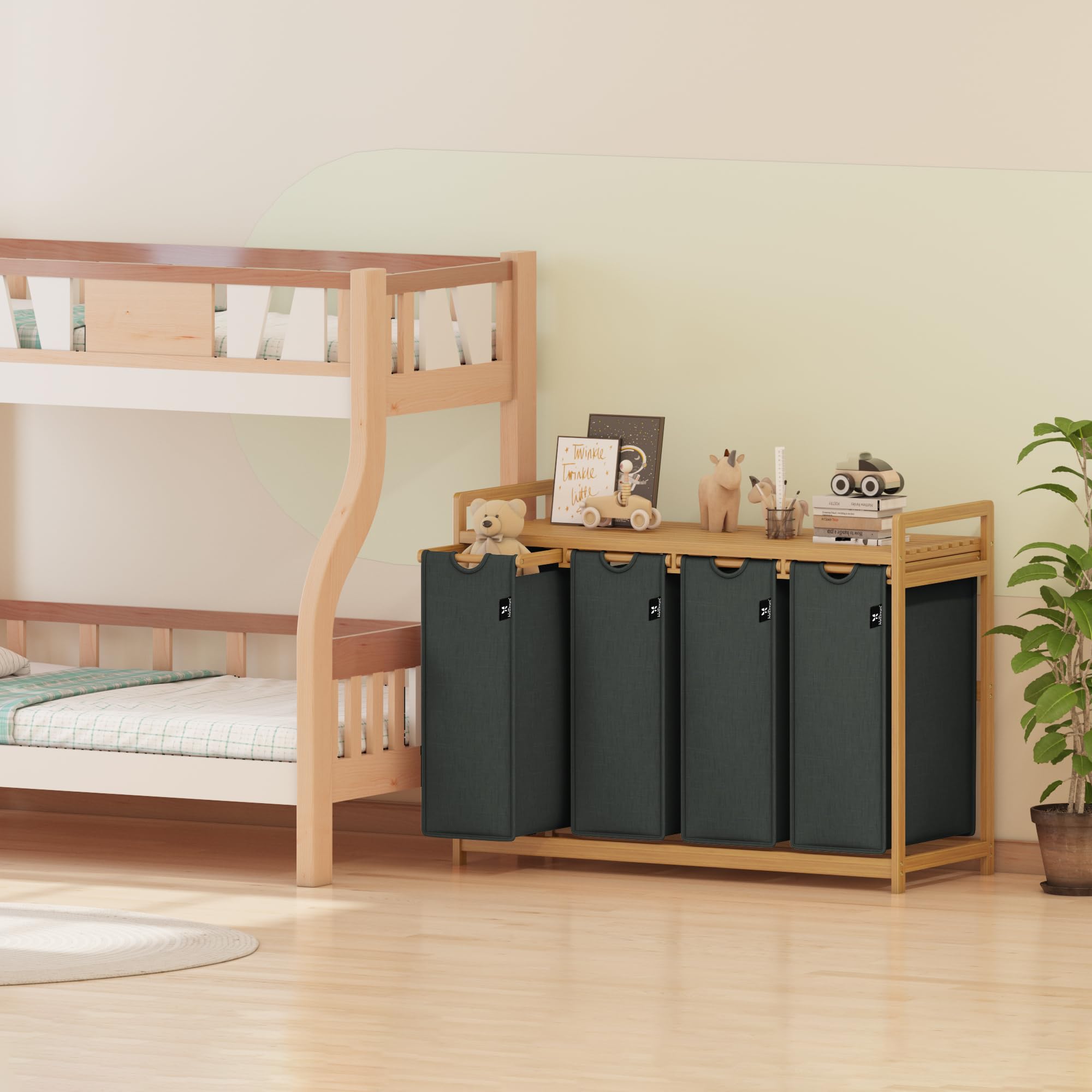 AdelDream Wäschekorb 200L, 4 Fächer Wäschesammler mit Ablage, Bambusrahmen | Wäschesortierer mit 4 x 50L Fächer,ausziehbar abnehmbar,Ablage bis 60 kg,Farbe Grau