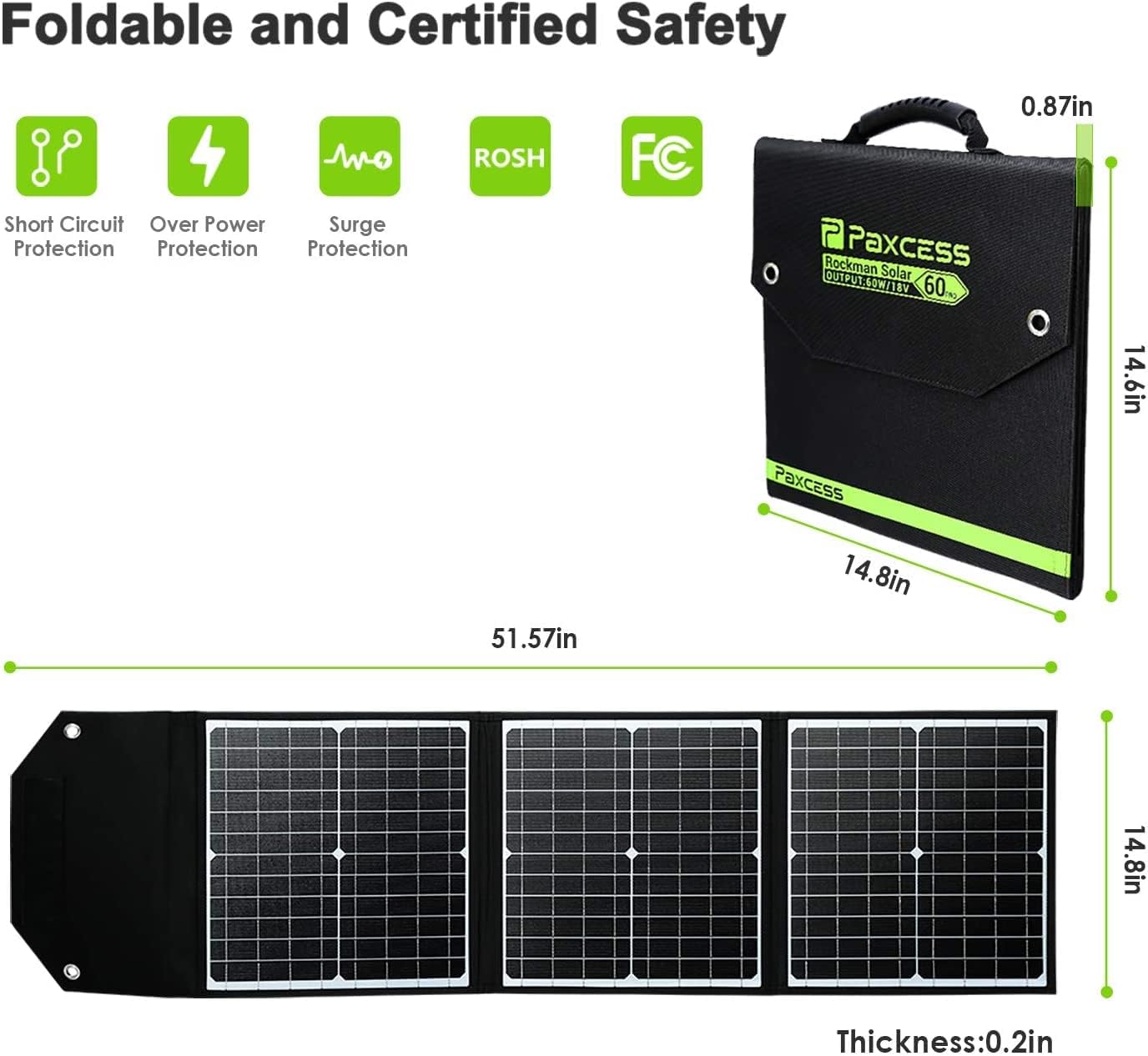 PAXCESS 60W 18V Portable Solar Panel, Off Grid Foldable Solar Charger with USB QC 3.0&Type C Output, Compatible with Rockpals/Jackery/Flashfish Solar Generator Power Station for Camping