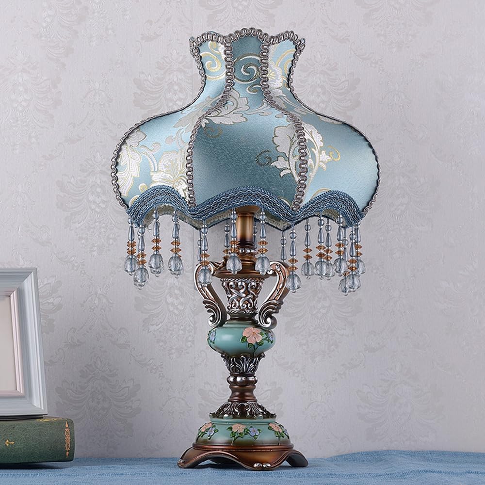 Antique Victorian Table Lamp Hand Made for Bedroom Rustic Floral Traditional Table Lamp with Blue Fabric Lampshade Bedside Desk Nightstand Lamp for Living Room Farmhouse Hotels Office