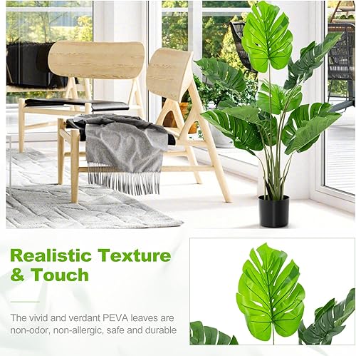 Miniatura 3 de Goplus Planta artificial Monstera Deliciosa, palmera tropical falsa de 4 pies de alto con 10 hojas de tortuga diferentes, maceta de plástico rellena