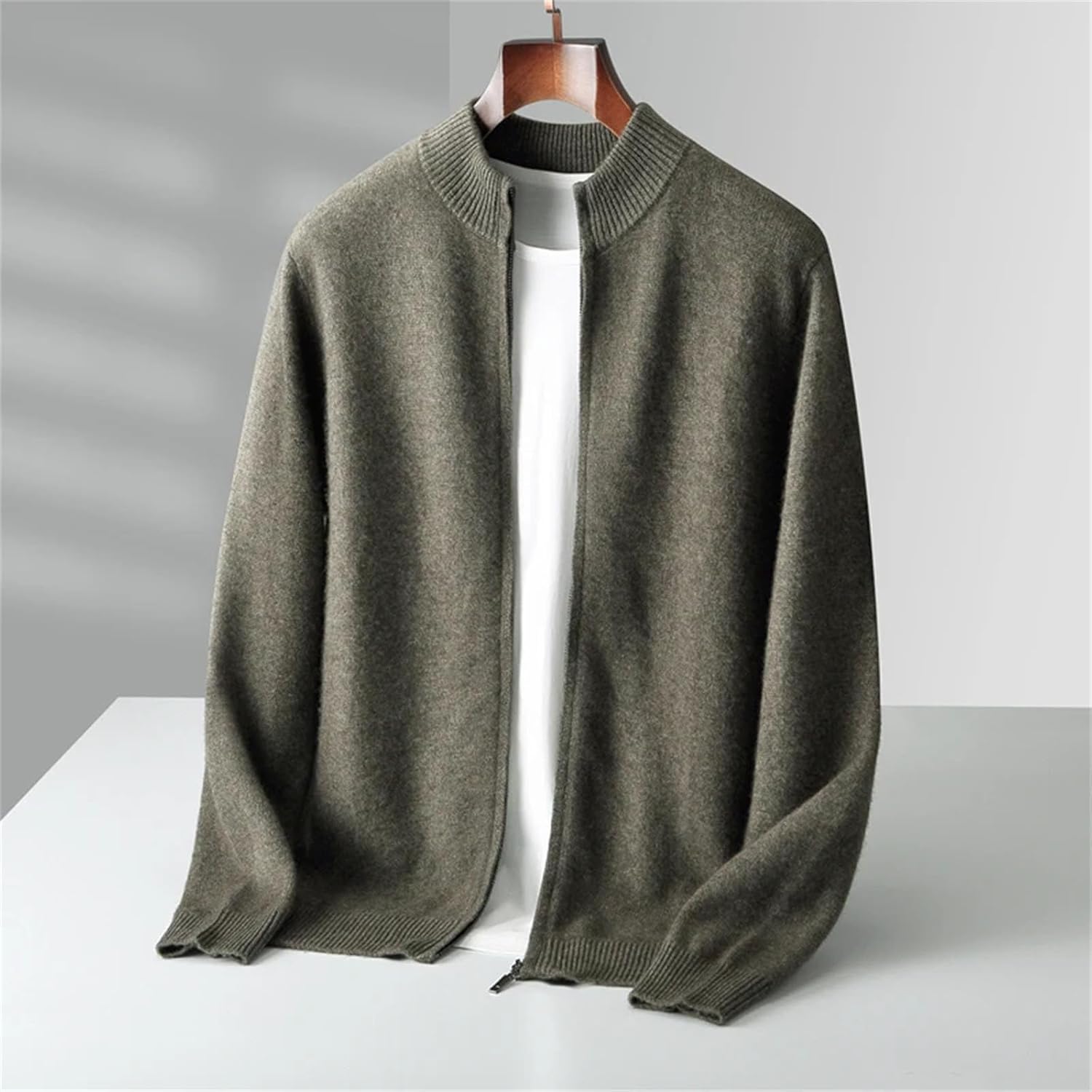 Men's Warm Wool Sweater Mock Collar Thickened Zippered Cardigan Cashmere Knitted Long Sleeve Tops
