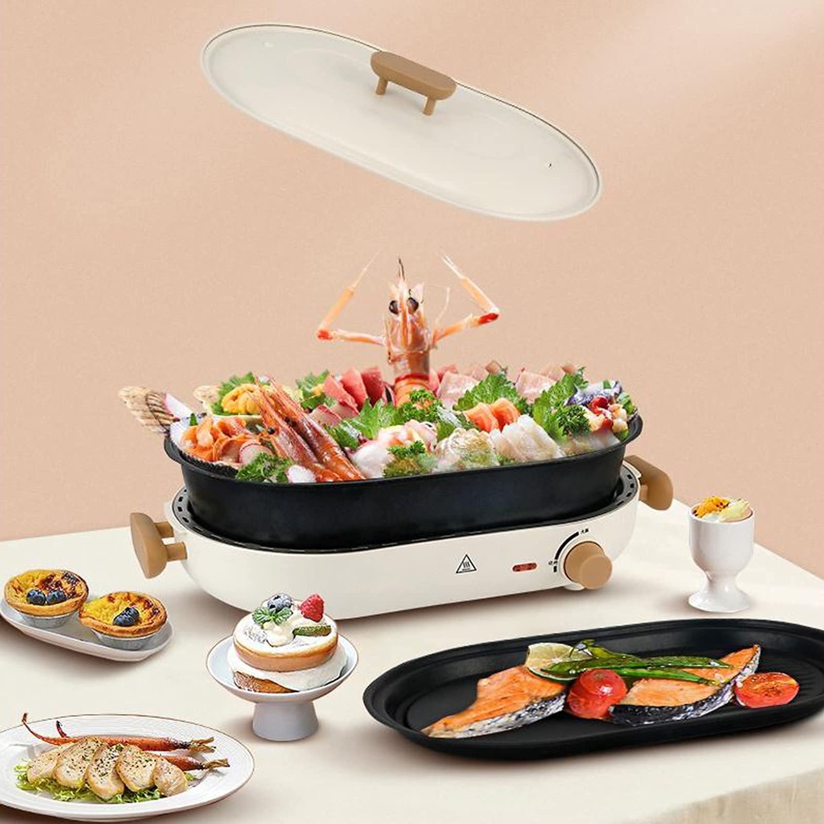 Bandeja de Barbacoa eléctrica eléctrica para el hogar Split multifunción 1300 W Cocción 4 L Gran Capacidad (Pan para Hornear + Tapa)
