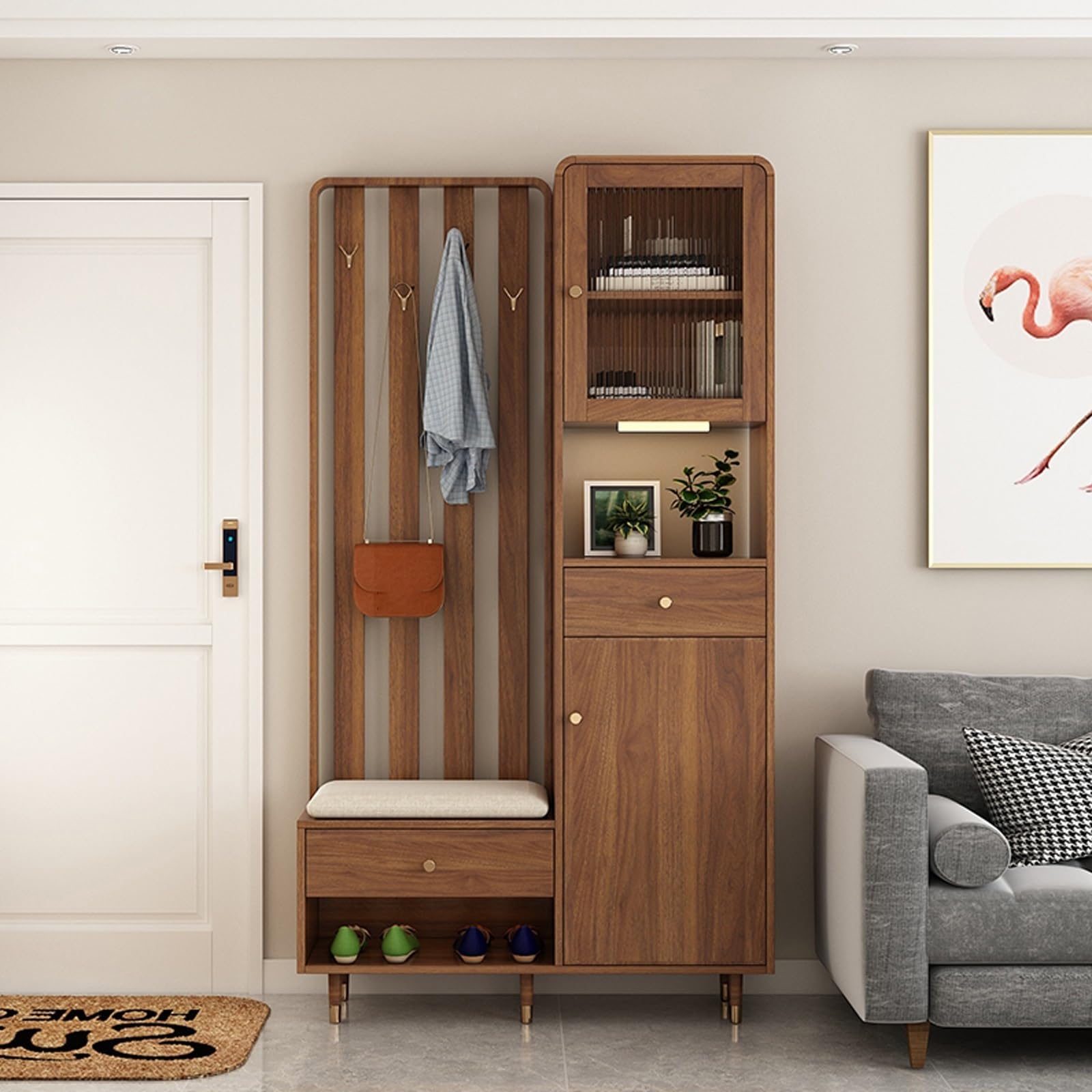 Separador de ambientes de madera multifuncional con armario Sto, banco de zapatos y perchero para privacidad en la oficina en casa, nogal, 120 cm / 47.2in, ahorro de espacio