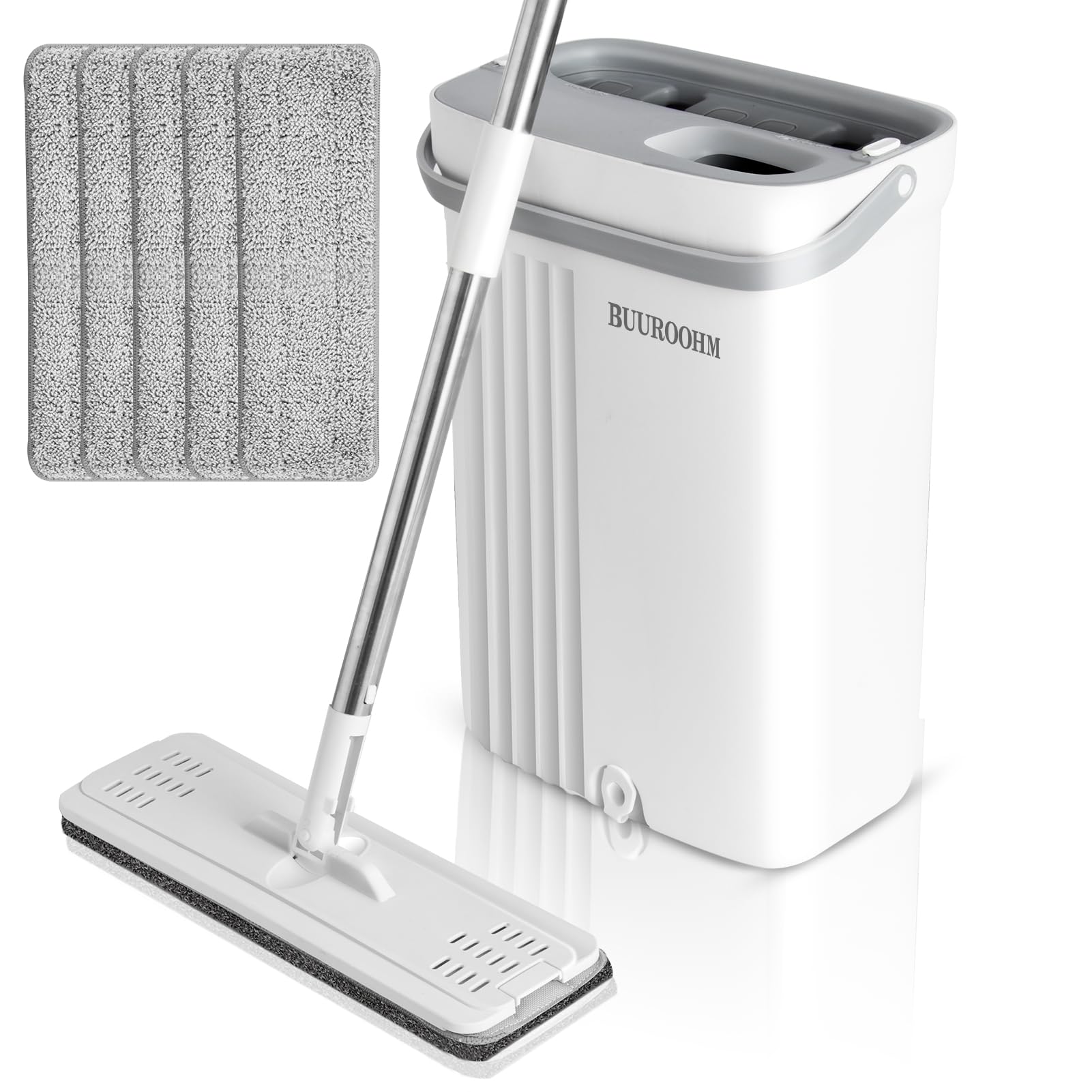 Mop and Bucket with Wringer Set for Home, Hands Free White Flat Squeeze Mop Bucket Set for all Floor Cleaning and Wall Cleaner with 3-Chamber System 6 Reusable Microfiber Pads and Long Handle