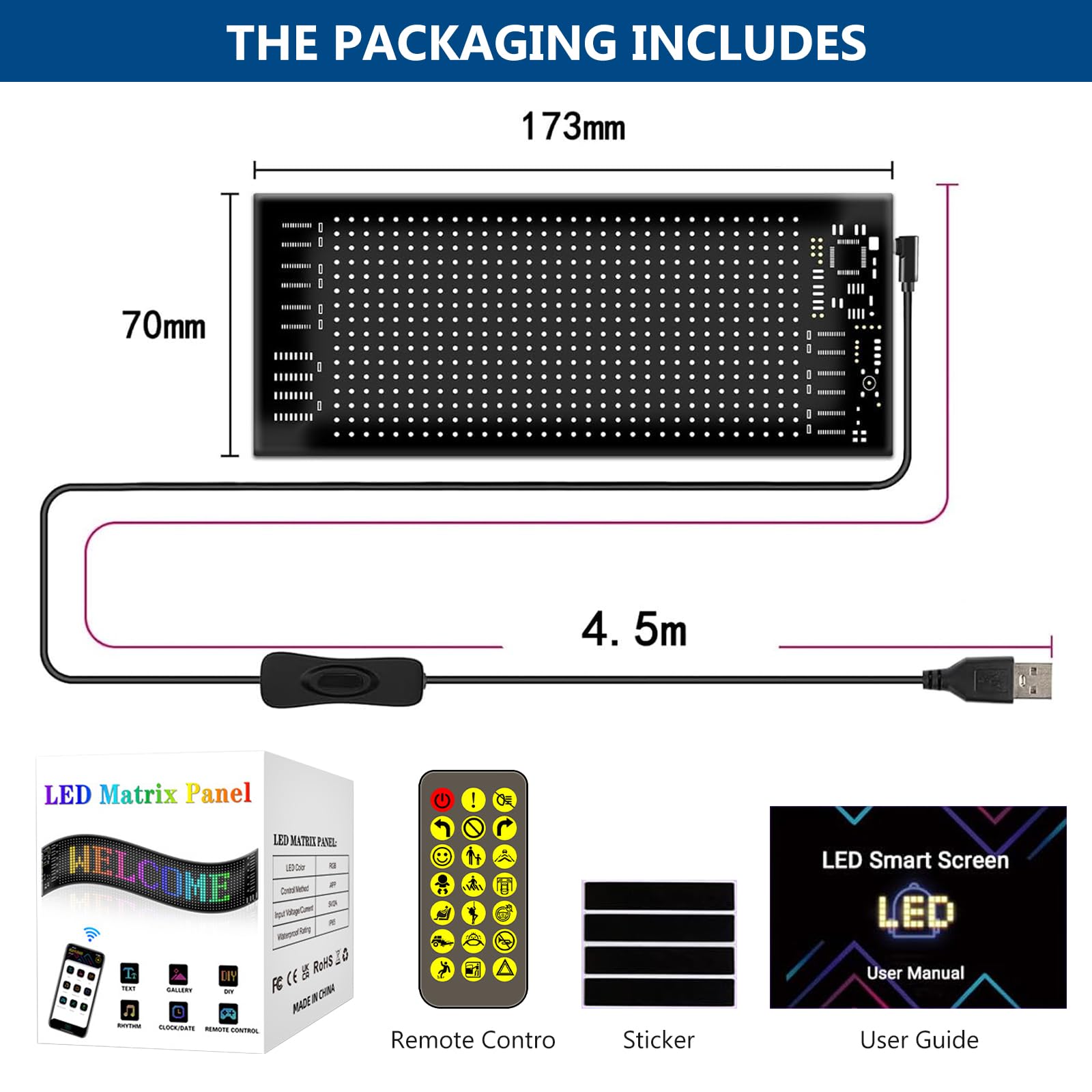 Pannello di visualizzazione a LED flessibile, 17,3 x 7 cm, programmabile, per auto, negozio, bar, graffiti, pubblicità, funzionamento USB, controllo smart app