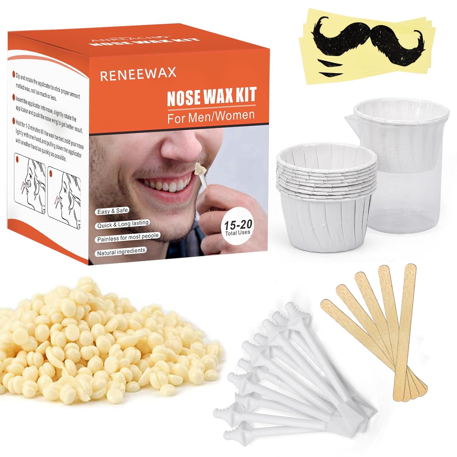 RENEEWAX Nose Wax Kit, 3.5 oz Nose Hair Wax, Nose Hair Removal Wax Kit with 20 wax sticks, Nose Ear Hair Waxing Kit