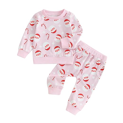 FIOMVA My First Christmas Outfit Fall Toddler Baby Girl Clothes Santa Sweatshirt Pants Set Winter Infant Clothing (B Santa Print Pink, 6-12 Months)