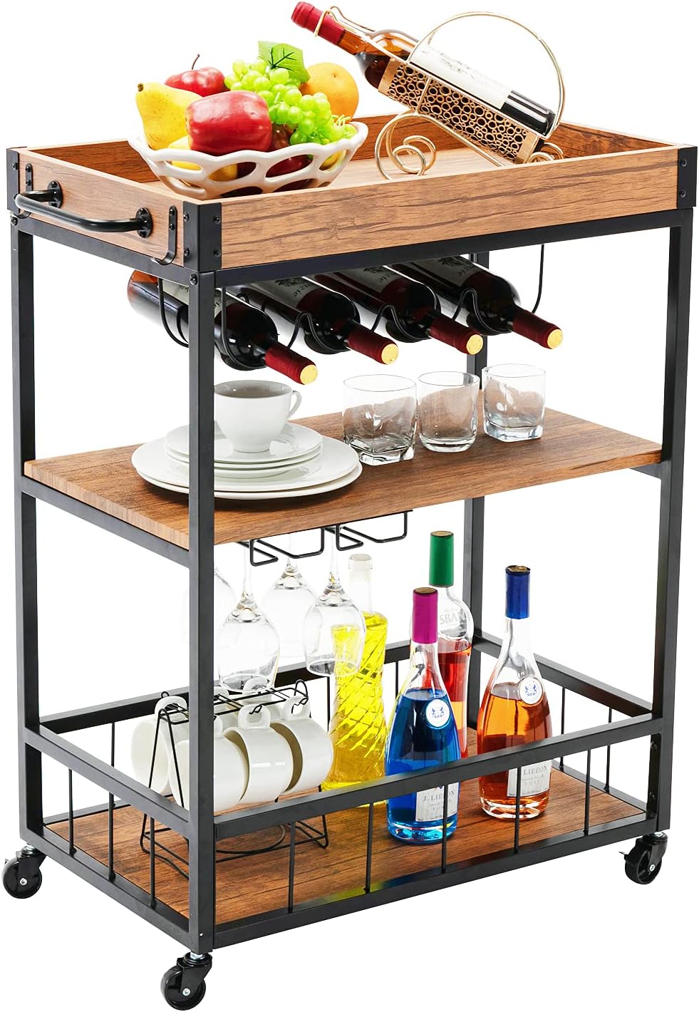 AUXSOUL Bar Carts for Home, Kitchen Utility Cart on Wheels with Wine Rack, Wine Glass Holder, Home Bar & Serving Carts with Storage, Wood and Metal Frame( Rustic Brown, 26.5" W x 15" D x 35.5" H)