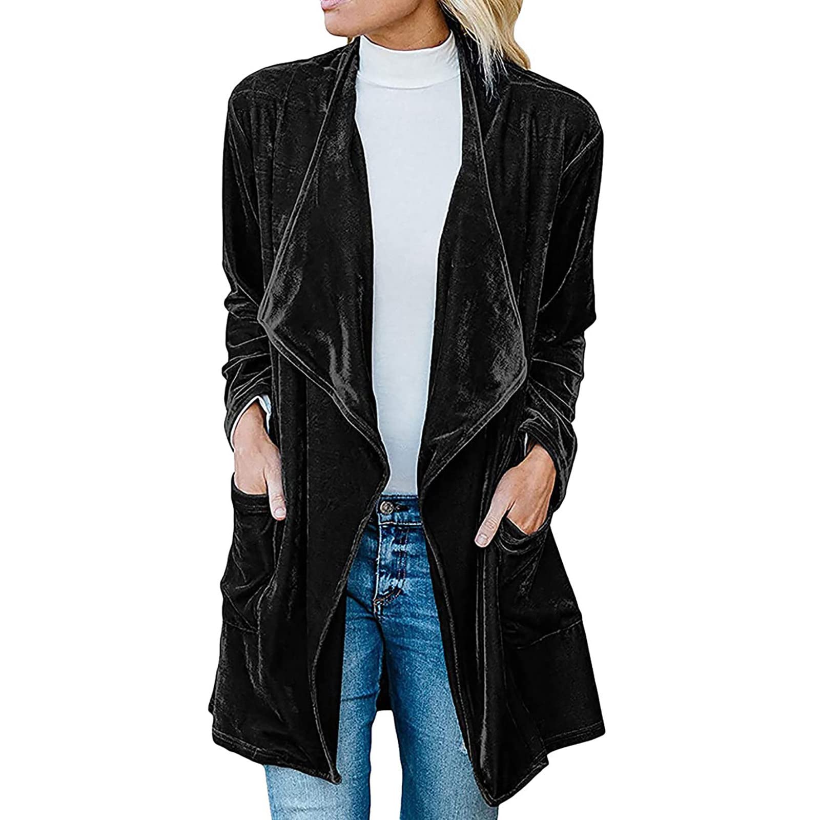 Womens Velvet Long Cardigan Jacket Dressy Casual Open Front Velour Cardigan Outwear Lapel Collar Midi Duster Coat