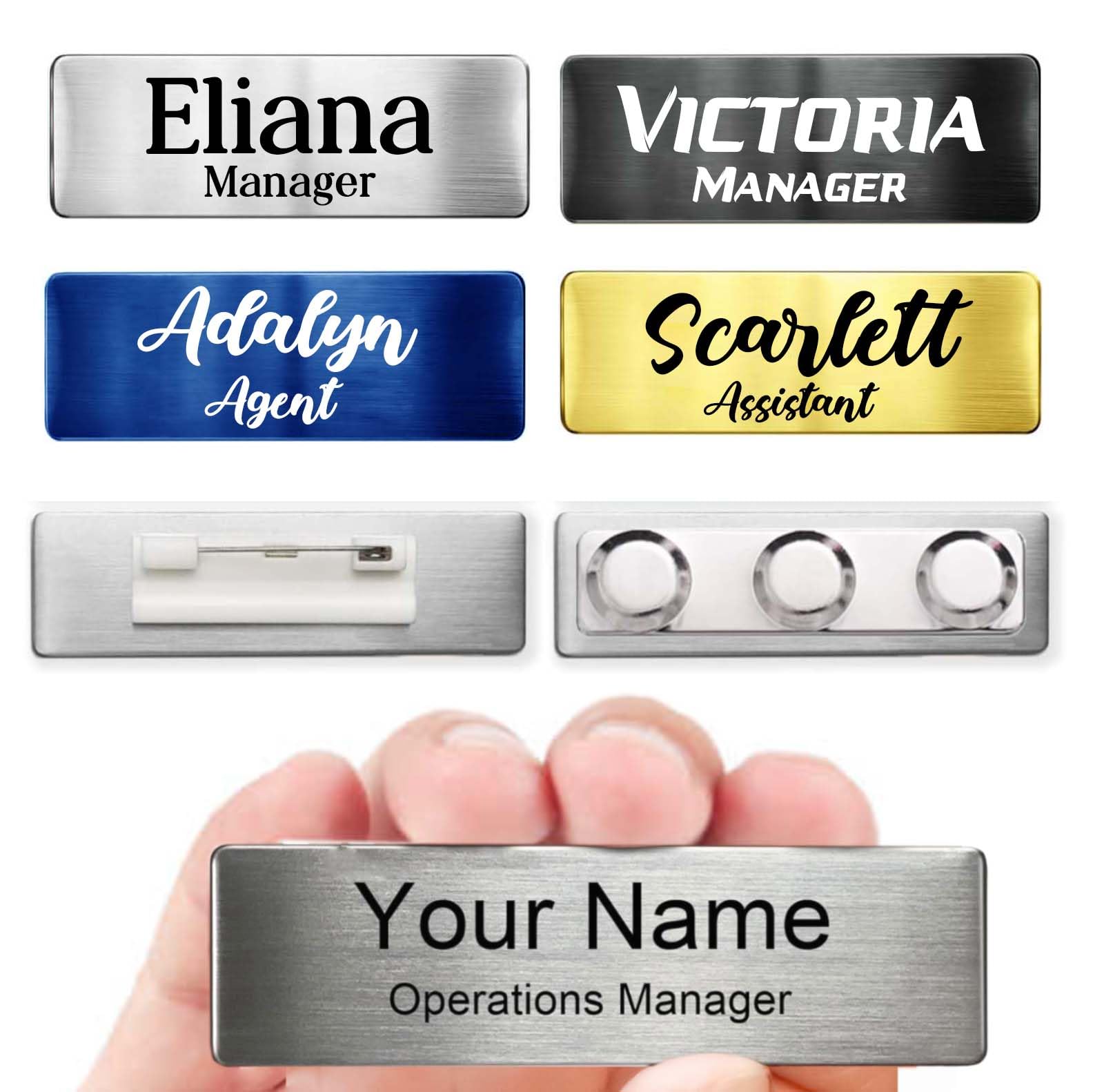 Custom Engraved Name Tag Badges Buttons with Logo Personalized Stainless Steel Identification with Pin or Magnetic Clip Metal ID Name Tip pin(