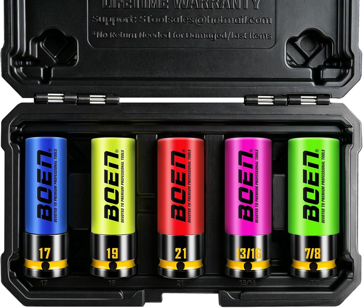 BOEN 1/2" Drive Impact Lug Nut Socket Set, 5 Pieces Non-Marring Thin Wall Wheel Protector Nut Socket, Metric (17, 19, 21mm) & SAE (13/16", 7/8"), Color-Coded and Painted Size Markings, CR-MO Steel