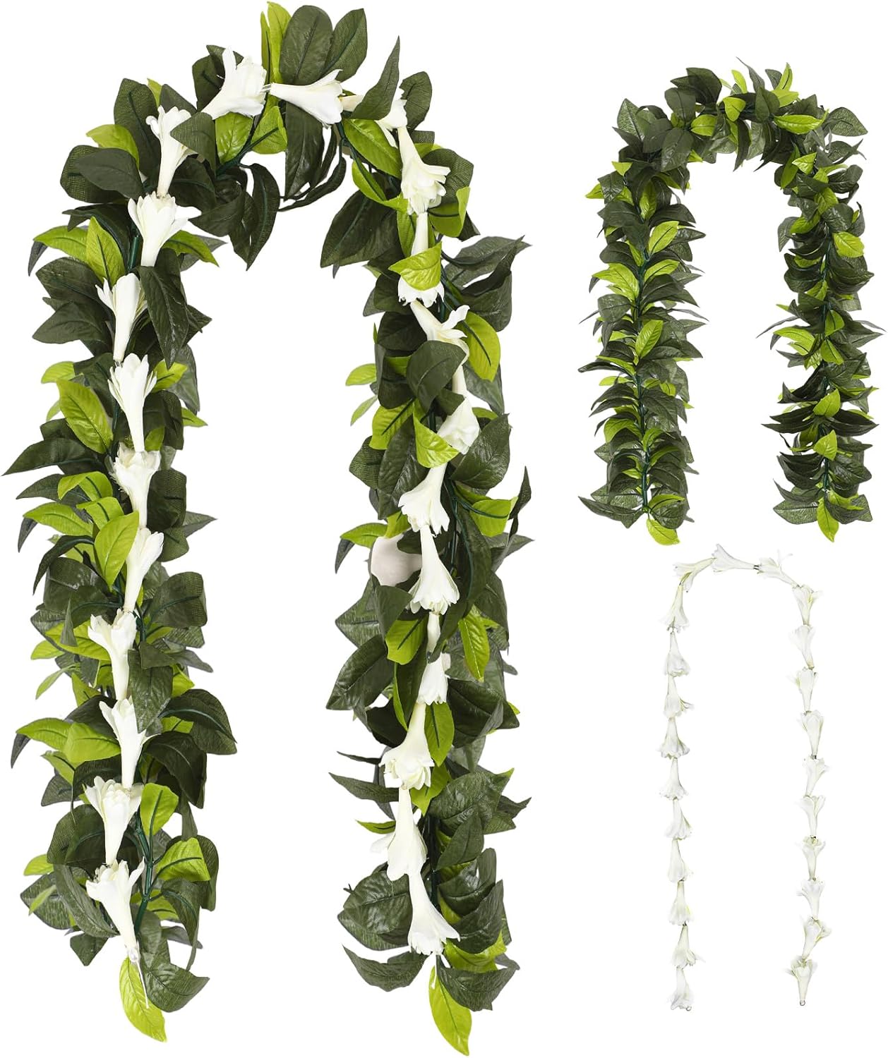 2 Pack Hawaiian Luau Maile and White Tuberose Lei Artificial Graduation Lei Leaf Flower Necklace for Wedding Hawaiian Graduation Party, 4.9ft