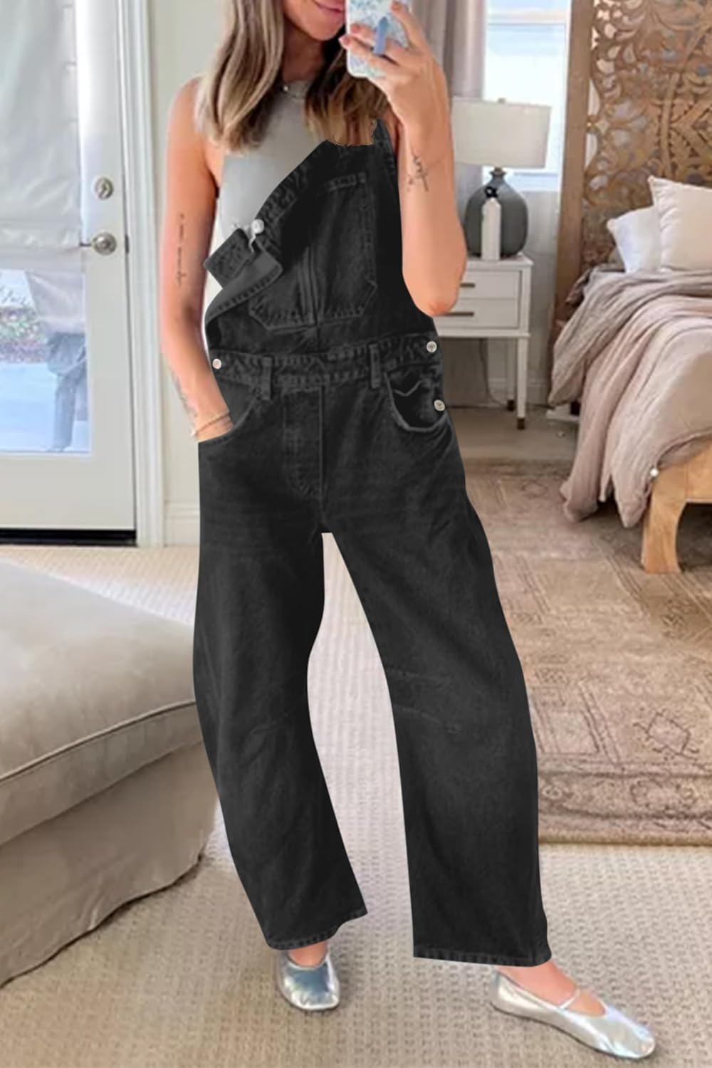 PLNOTME Womens Denim Bib Overalls Barrel Leg Adjustable Strap Jean Pants Jumpsuits with Pockets - Image 6