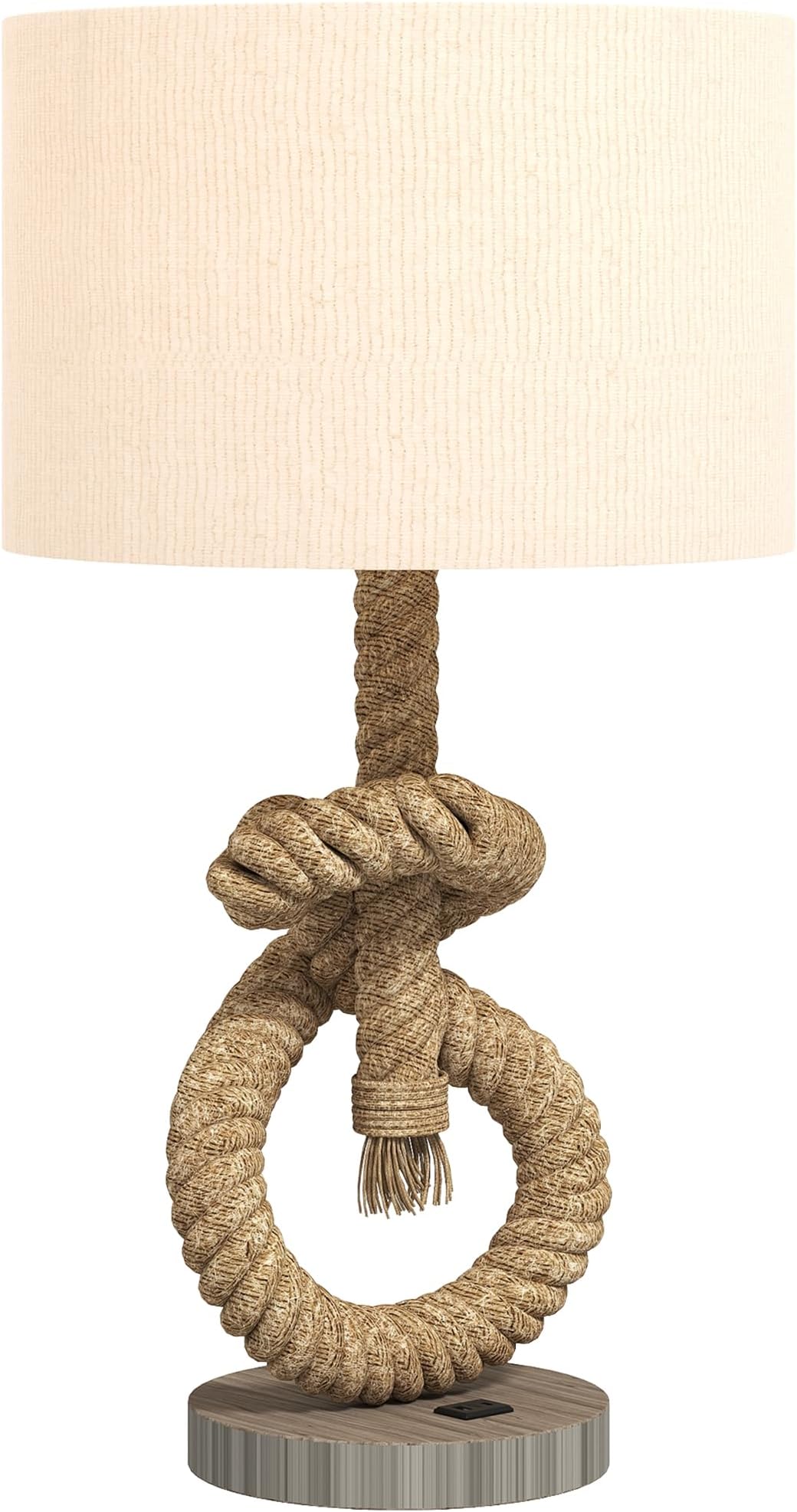 – HOMCOM Nautical Table Lamp with USB Charging Port, Bedside Lamp for Bedroom Living Room, Warm White LED Bulb Included, with Hemp Rope, Natural