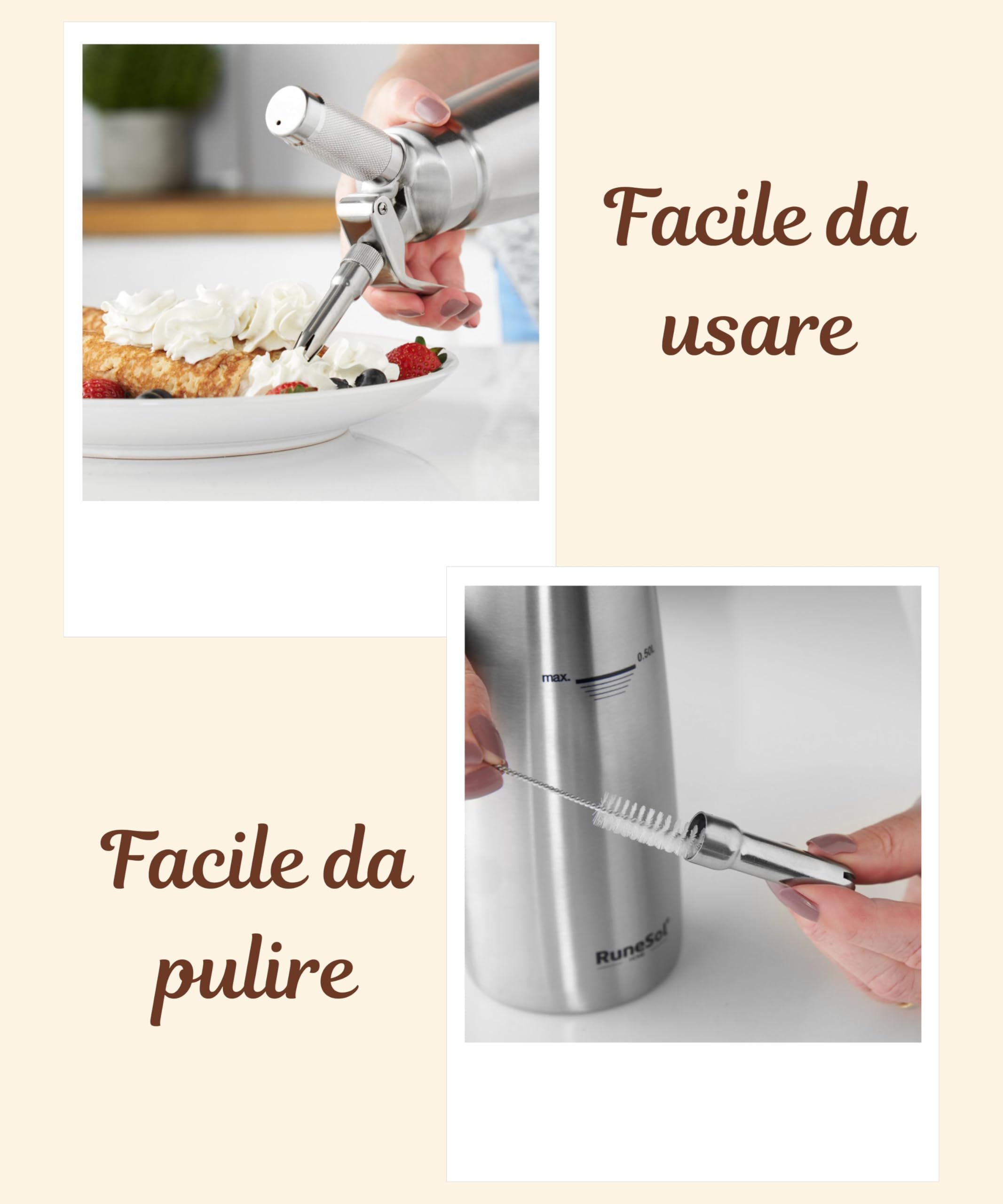 RuneSol Sifone da Cucina Acciaio Inox 500ml, Sifone Panna Montata con 3 Ugelli per Decorazione Torte di Compleanno Pasticceria, Sifoni Pasticceria, Sifone da Professionale per Regalo di Pasqua