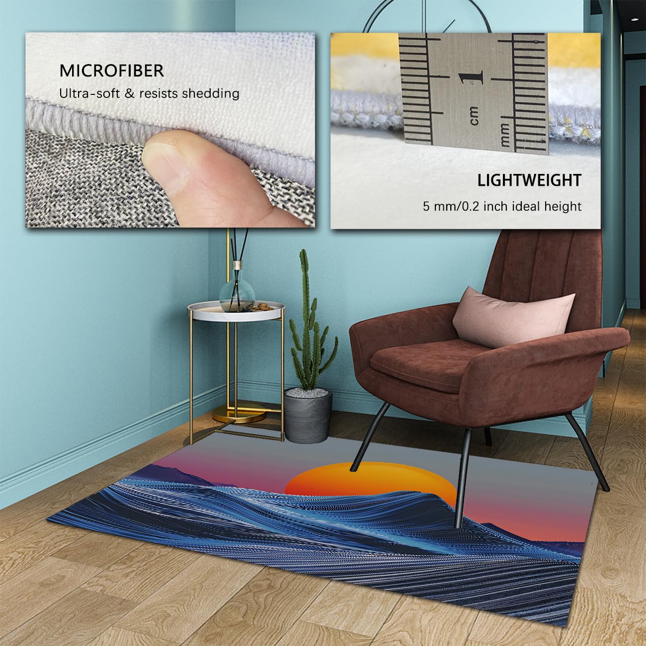 Waschbare Teppiche Abstract Ocean Wave Sunset Scene Area Teppich Boho Sun Anti-Rutsch-Teppich für Wohnzimmer Büroeingang Weiche niedrig florierte Blaue Türmatte 160x200cm