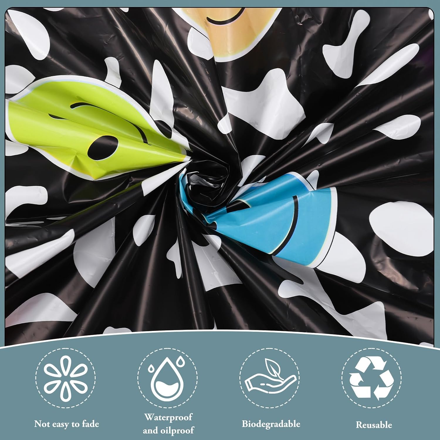 Whaline 4 Pcs 14.1ft Black and White Composition Book Table Skirt Cloths for Teacher Desk Kidney Shaped Happy Face Plastic Table Skirts Decoration for First Day of School Party Classroom Supplies