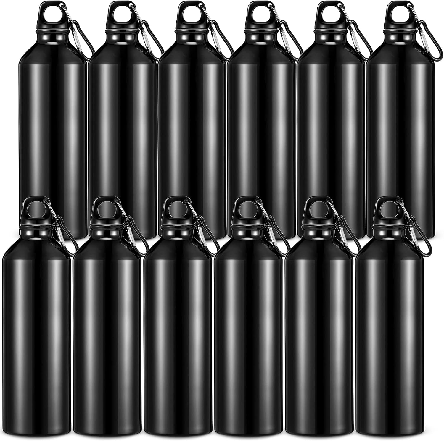 12 Pieces 24 oz Aluminum Sport Water Bottles, Lightweight Water Bottle, Reusable Leak Proof Water Bottle with Buckle and Twist Cap for Bike, Camping, Climbing, Travelling, Indoor, Outdoor(Black)