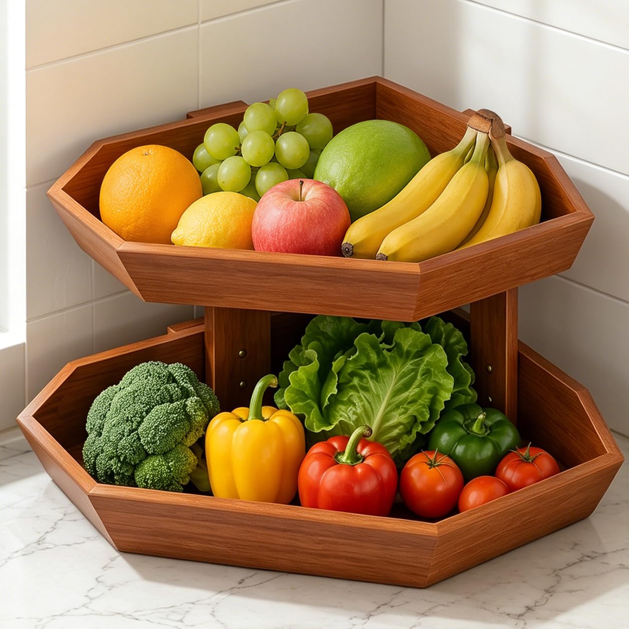 Photo 1 of Tequie Wooden Fruit Basket for Kitchen Counter 2 Tier, Large Capacity Fruit Bowl for Corner, Space-Saving Fruit Stand Holder for Bread Fruit and Vegetable Storage Kitchen Countertop Organizer