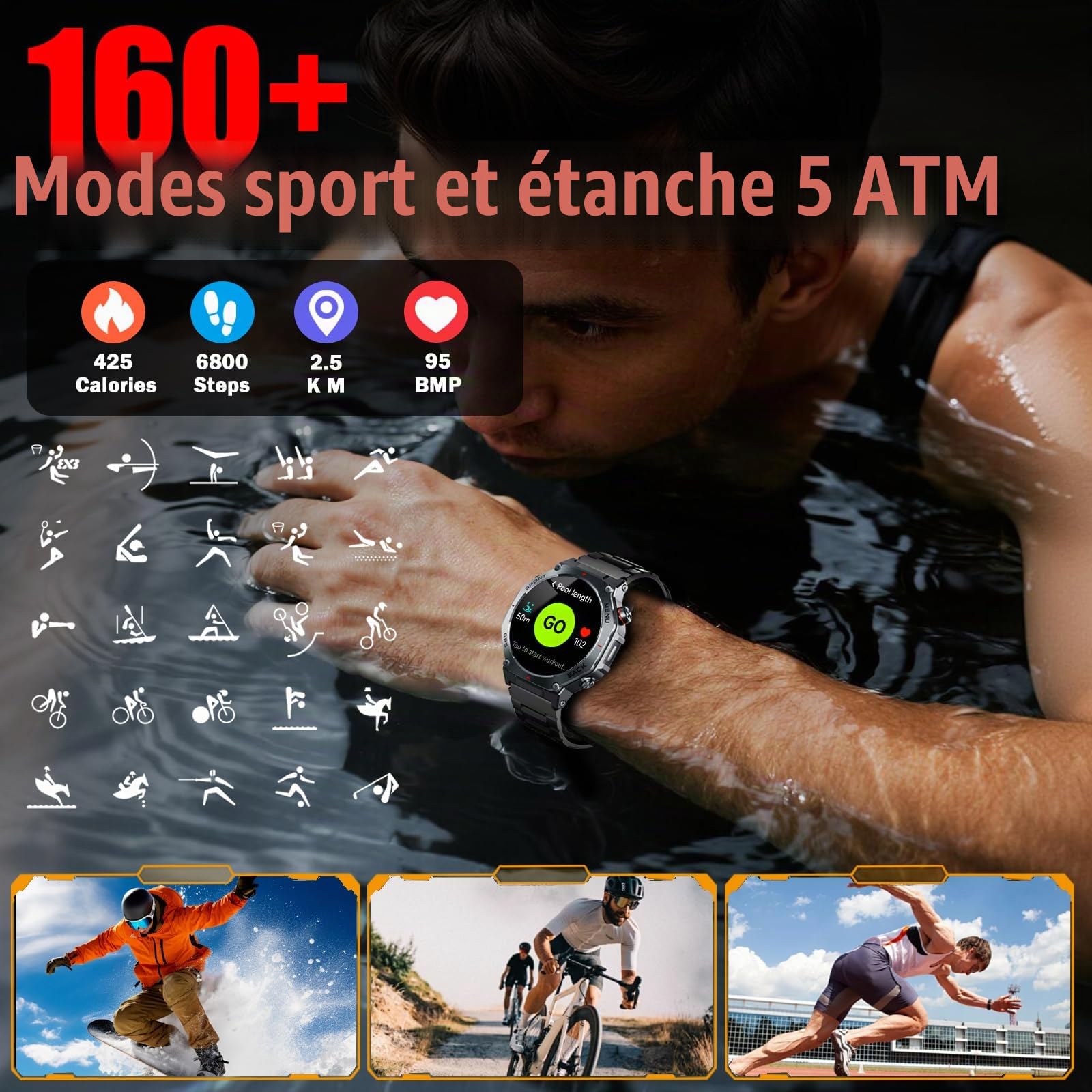 Montre Connectée Homme GPS, 1.43"AMOLED Smartwatch Torche LED 5ATM Étanche | Militaire Montre Sport Compass/GPS/SOS/Fréquence Cardiaque/Sommeil, Montre Intelligente Appel Bluetooth pour Android iOS Noir
