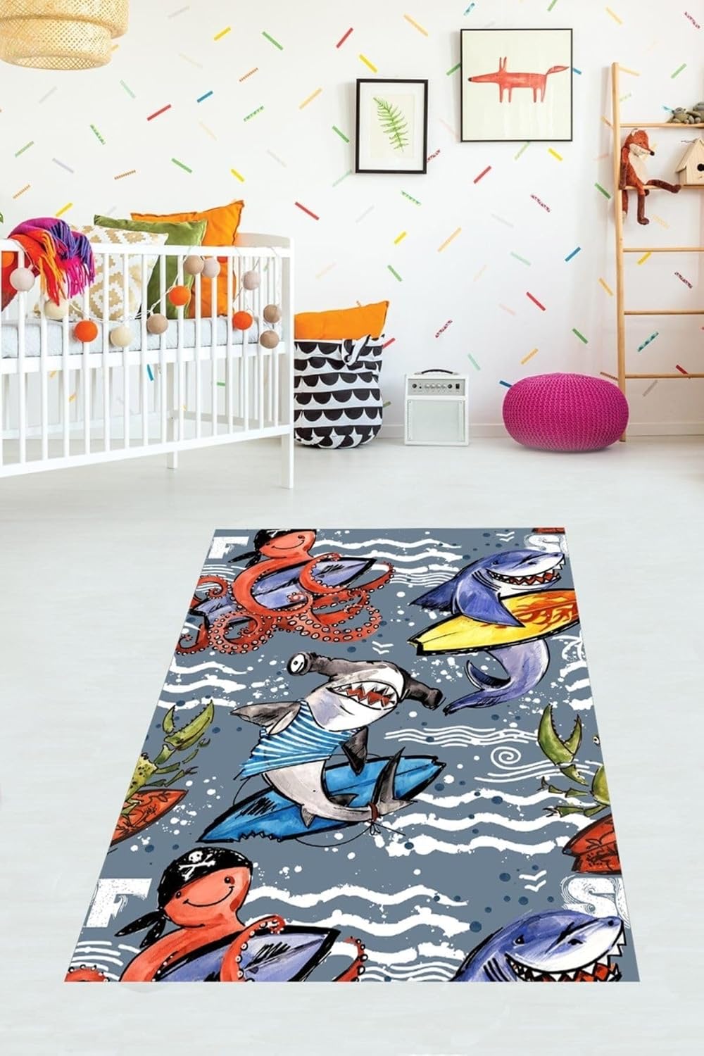 Pelangi Çekiç Balığı Ahtapot Desenli Dijital Baskı Yıkanabilir Kaymaz Taban Leke Tutmaz Çocuk Odası Halısı, Karışık Renkli 60 x 200