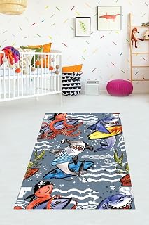 Pelangi Çekiç Balığı Ahtapot Desenli Dijital Baskı Yıkanabilir Kaymaz Taban Leke Tutmaz Çocuk Odası Halısı, Karışık Renkli 60 x 200