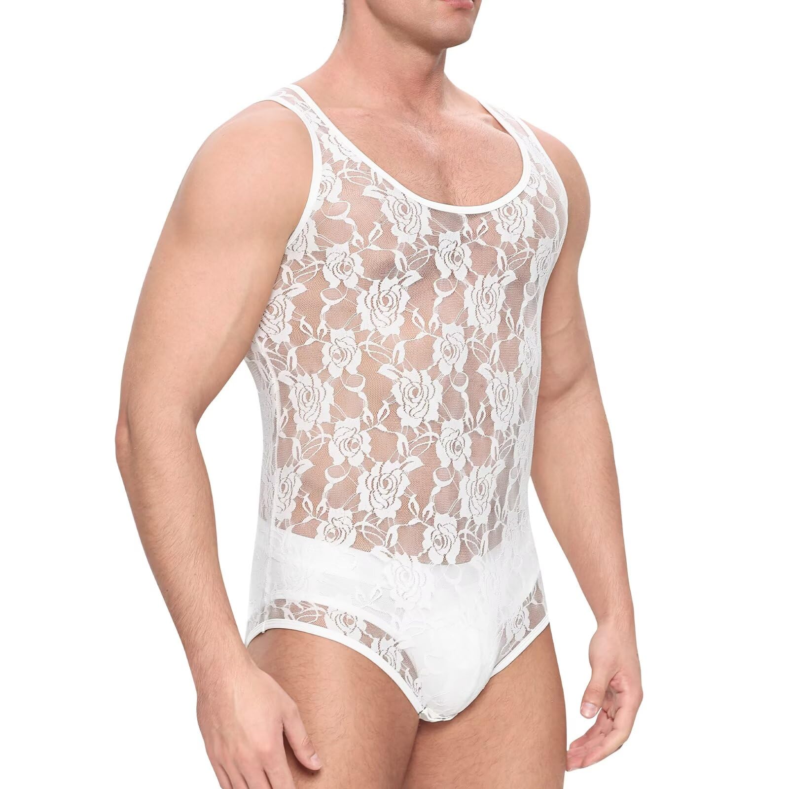 Landofgenie Body Homme Dentelle sans Manches - Tank Top Respirant avec Fermeture à Bouton-Pression à l'entrejambe