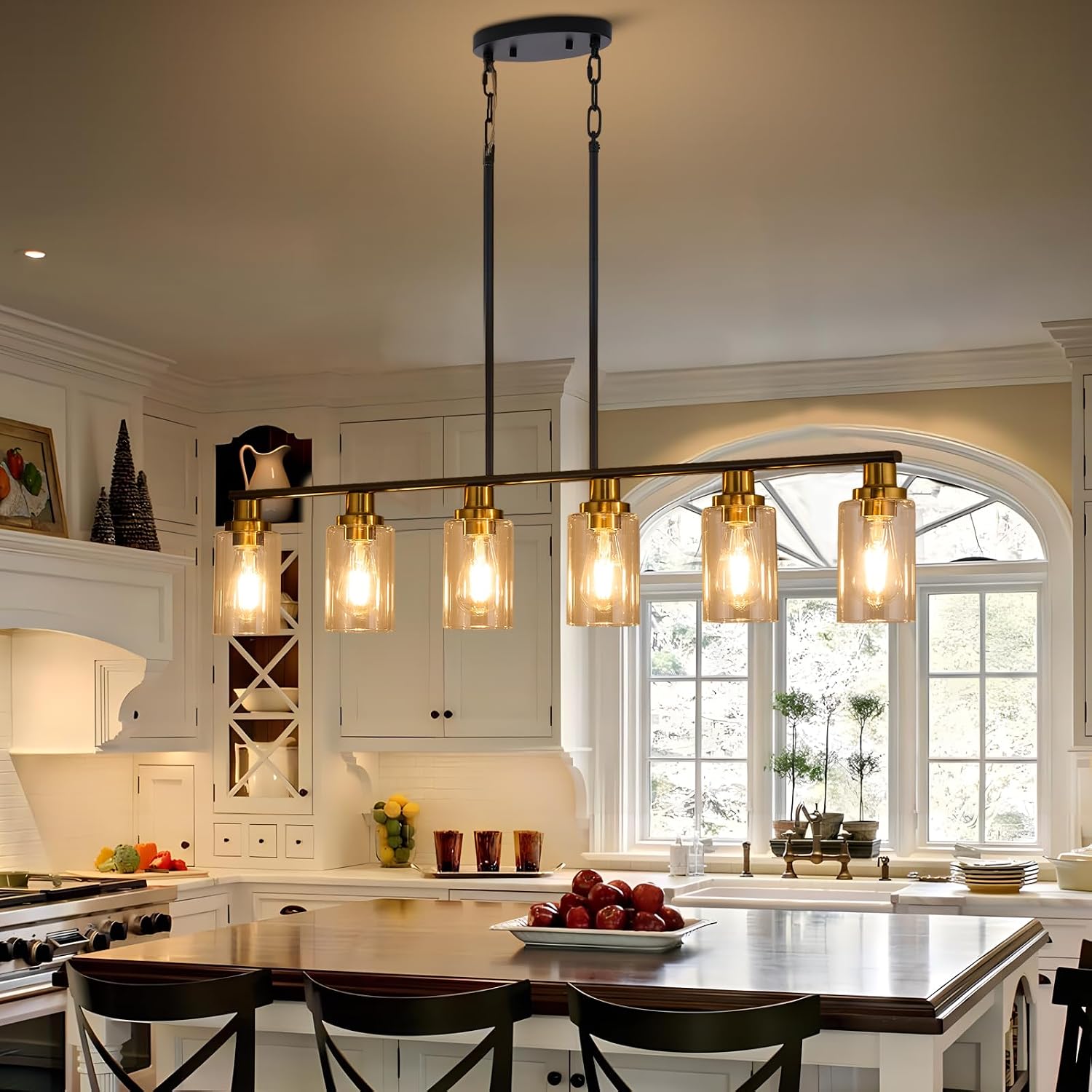 Island Light for Kitchen, 6-Light Farmhouse Dining Room Light Fixture with Clear Glass Shade, 44.3'' Matte Black and Gold Linear Chandelier Pendant Lighting for Dining Table Kitchen Living Room