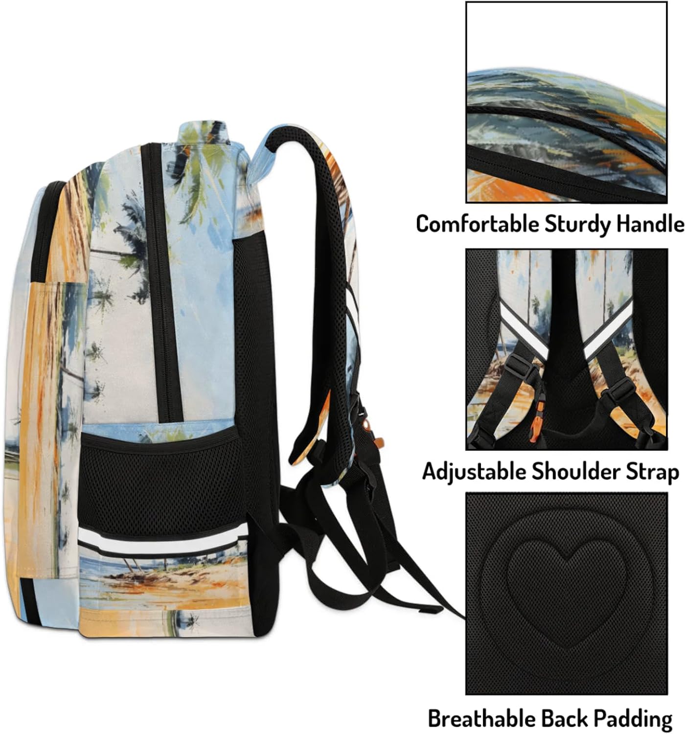QsirBC Abstract Hand Painted Coconut Beach Multi Compartment Backpack with Reflective Strips Adjustable Padded Straps Large Capacity Waterproof Duffel Bag for Men Women Work and Daily Use