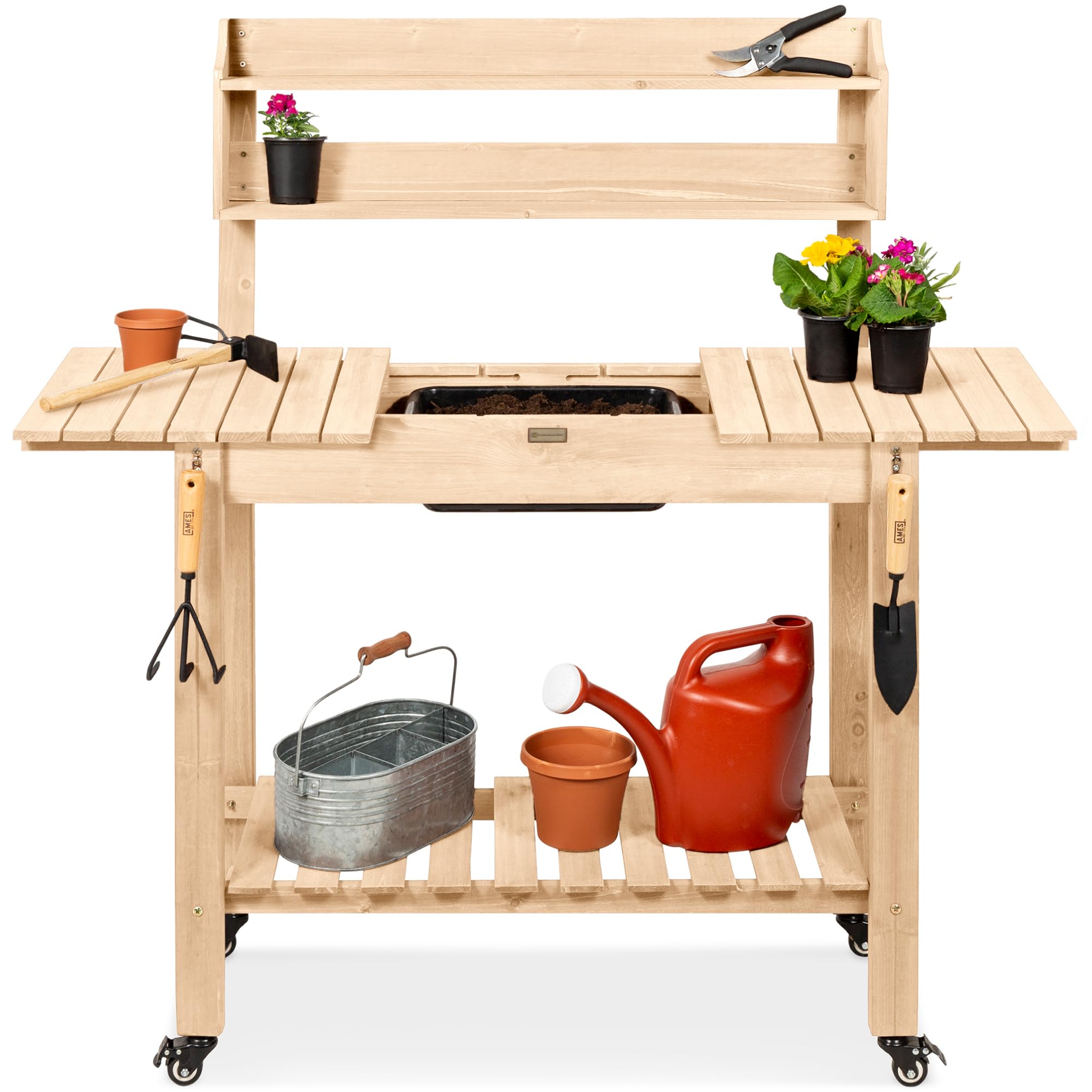 Best Choice Products Mobile Garden Potting Bench, Outdoor Wood Workstation Table w/Sliding Tabletop, 4 Locking Wheels, Food Grade Dry Sink, Storage Shelves- Natural