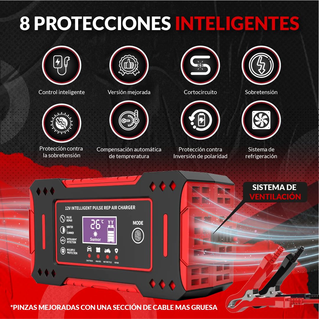 SweetSolutions© Cargador Baterias Coche 12V6A | Cargador De Batería Coche con Función Inteligente | Reparación Automática | Pantalla LCD | Automóviles Moto Camión AGM Gel SLA