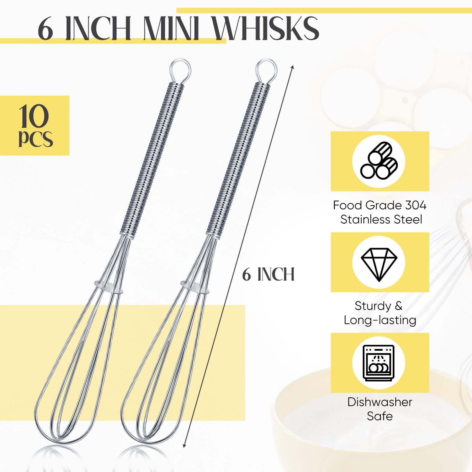 Baderke 10 mini batidores pequeños de 6 pulgadas para cocinar acero inoxidable 304 para hornear, batir, batir huevos, mezclar salsas, mezclar ingredientes